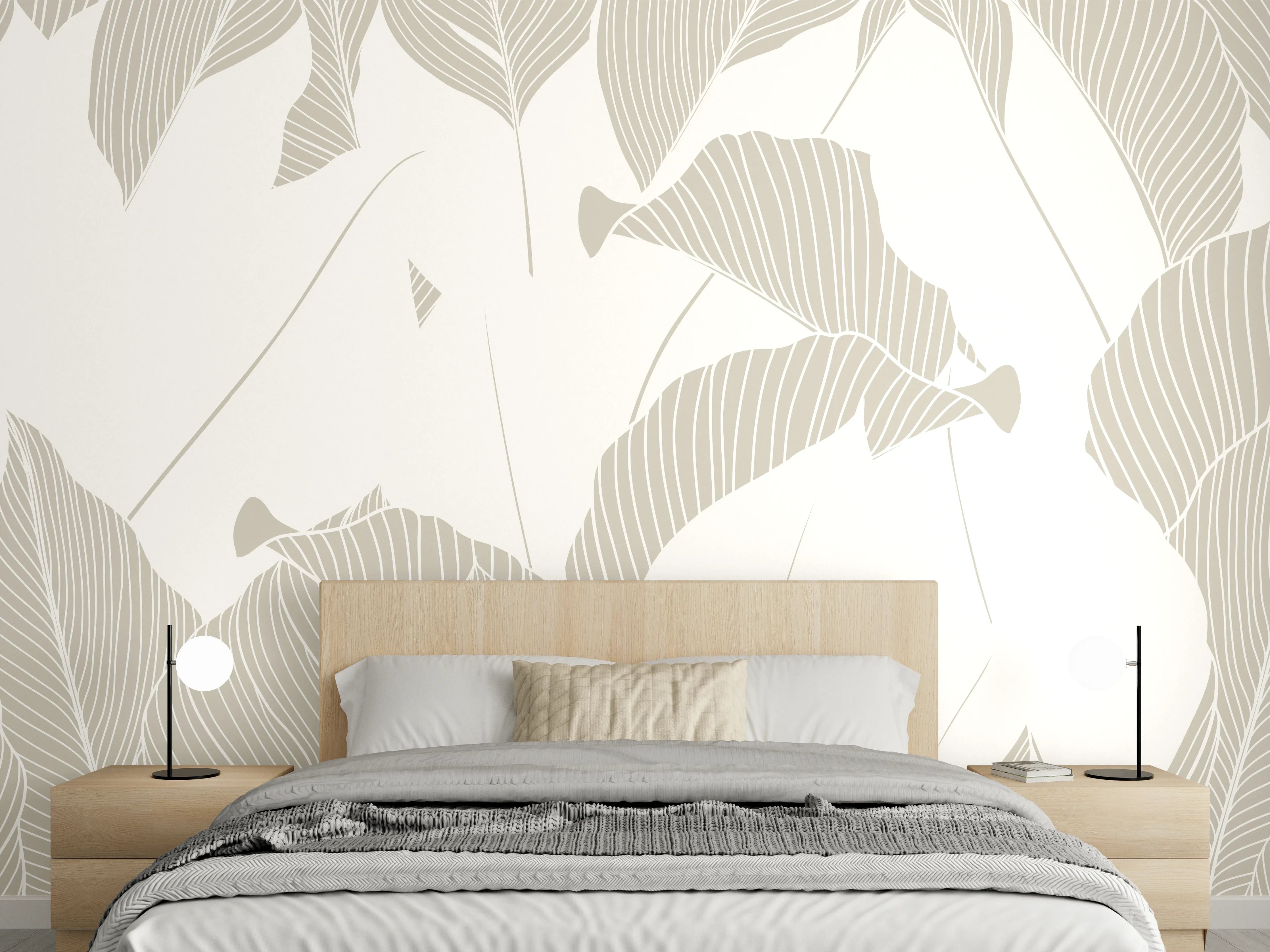 Wandverkleidung Schlafzimmer - Elegantes Grau-Weiß Blattmuster
