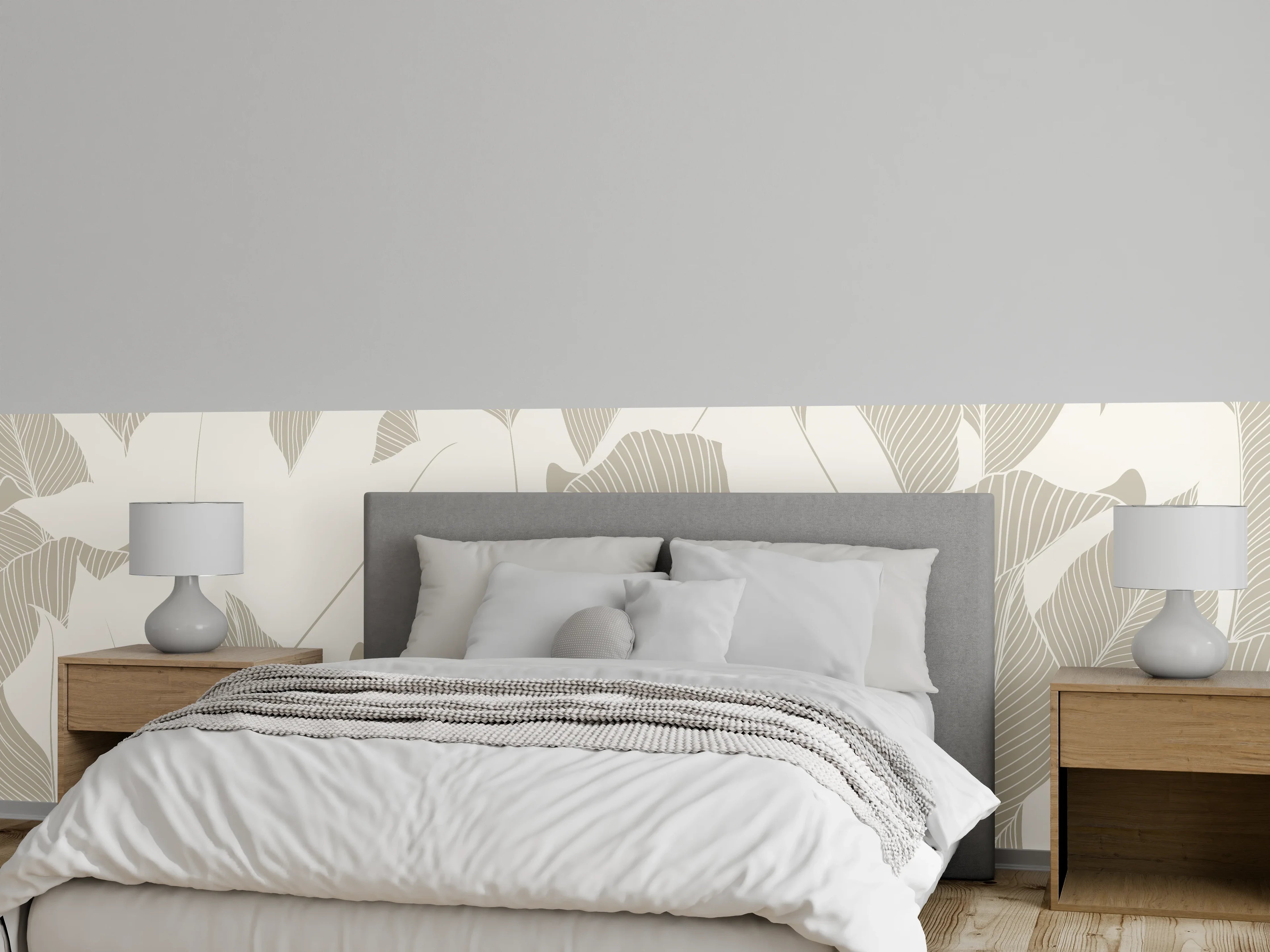Wandverkleidung Schlafzimmer - Elegantes Grau-Weiß Blattmuster