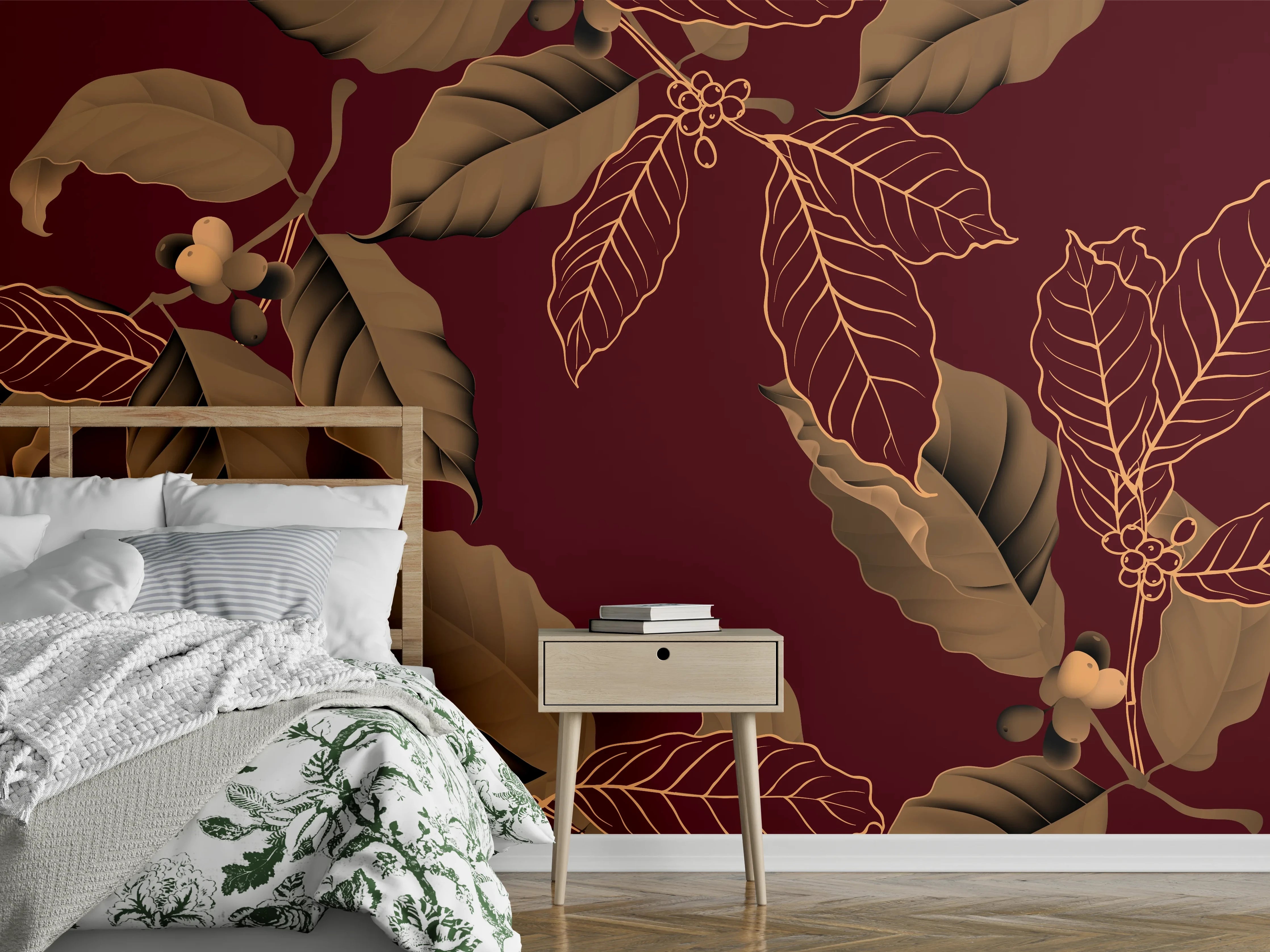 Wandverkleidung Schlafzimmer - Elegantes Kaffee-Pflanzen-Muster