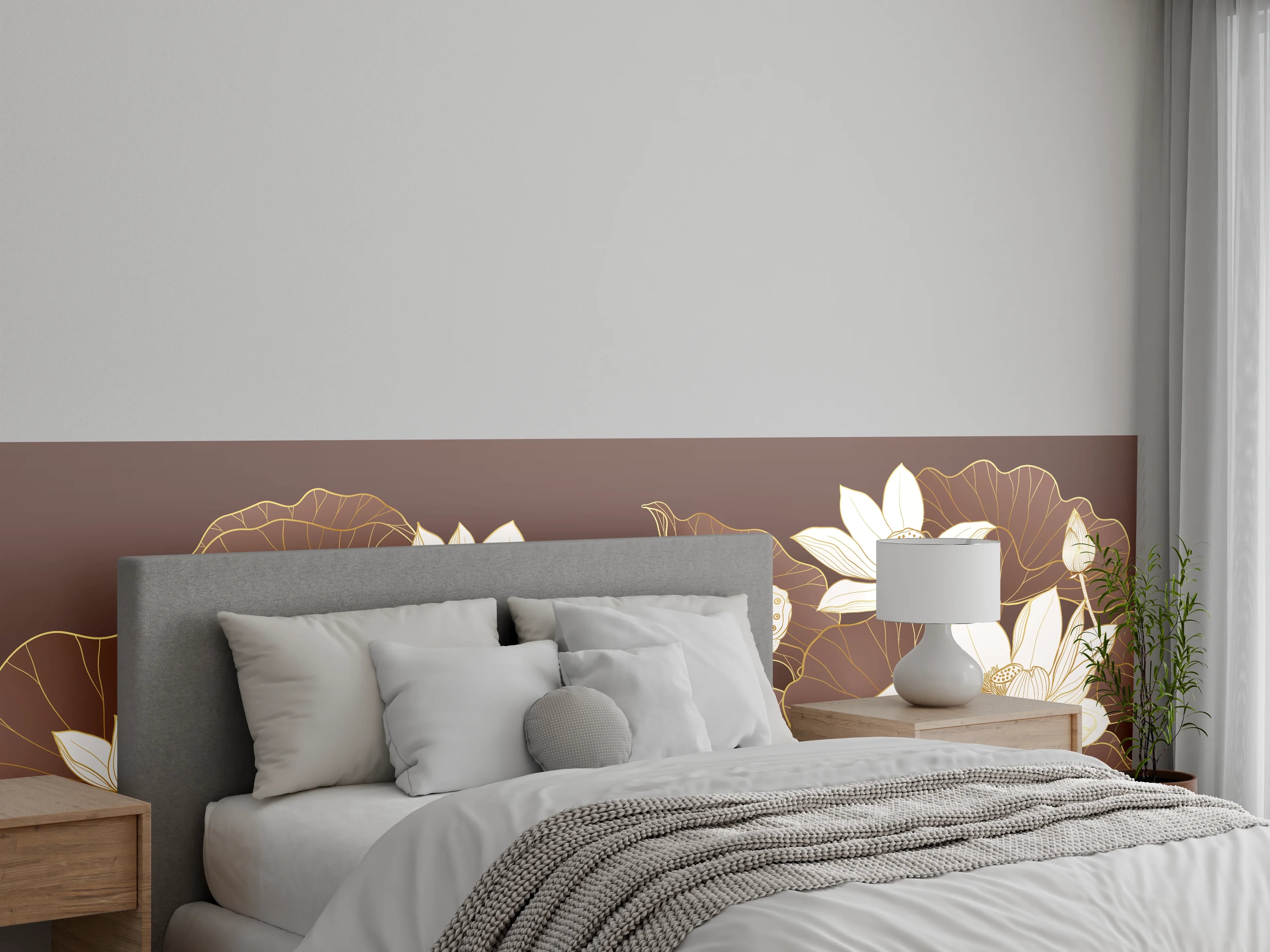 Wandverkleidung Schlafzimmer - Elegantes Lotusblüten-Design Braun Gold