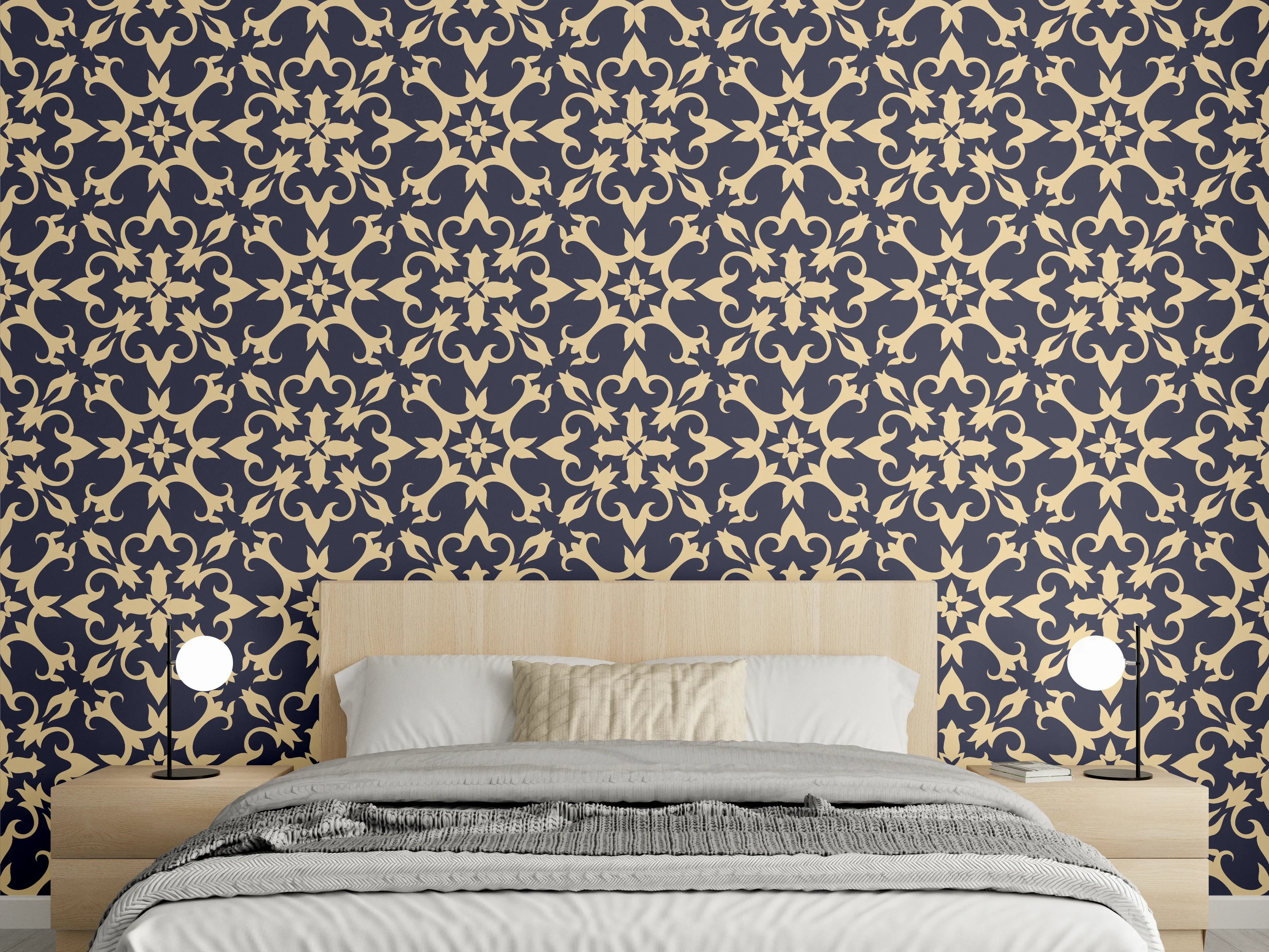 Wandverkleidung Schlafzimmer - Elegantes Muster in Dunkelblau und Beigem