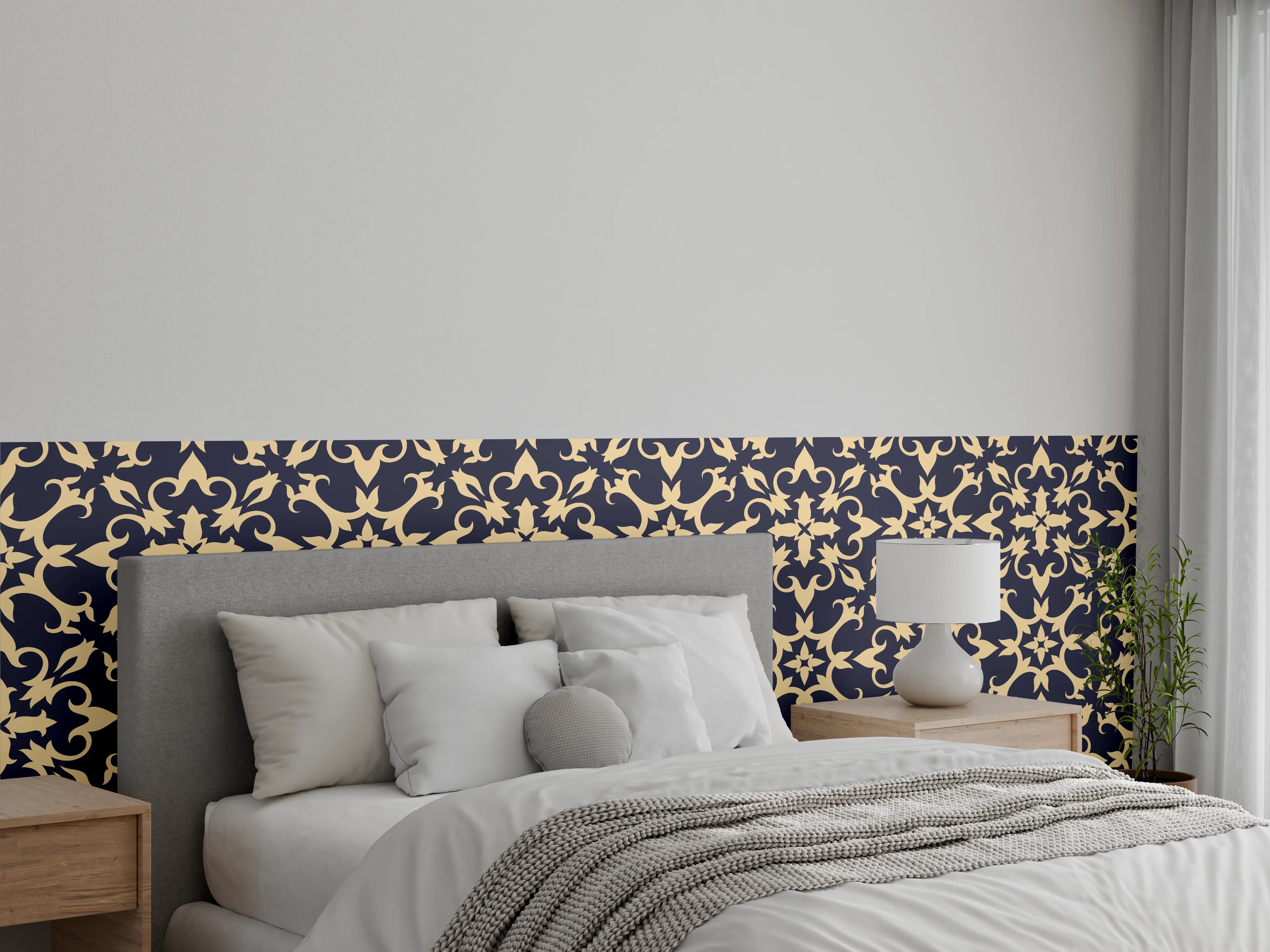 Wandverkleidung Schlafzimmer - Elegantes Muster in Dunkelblau und Beigem