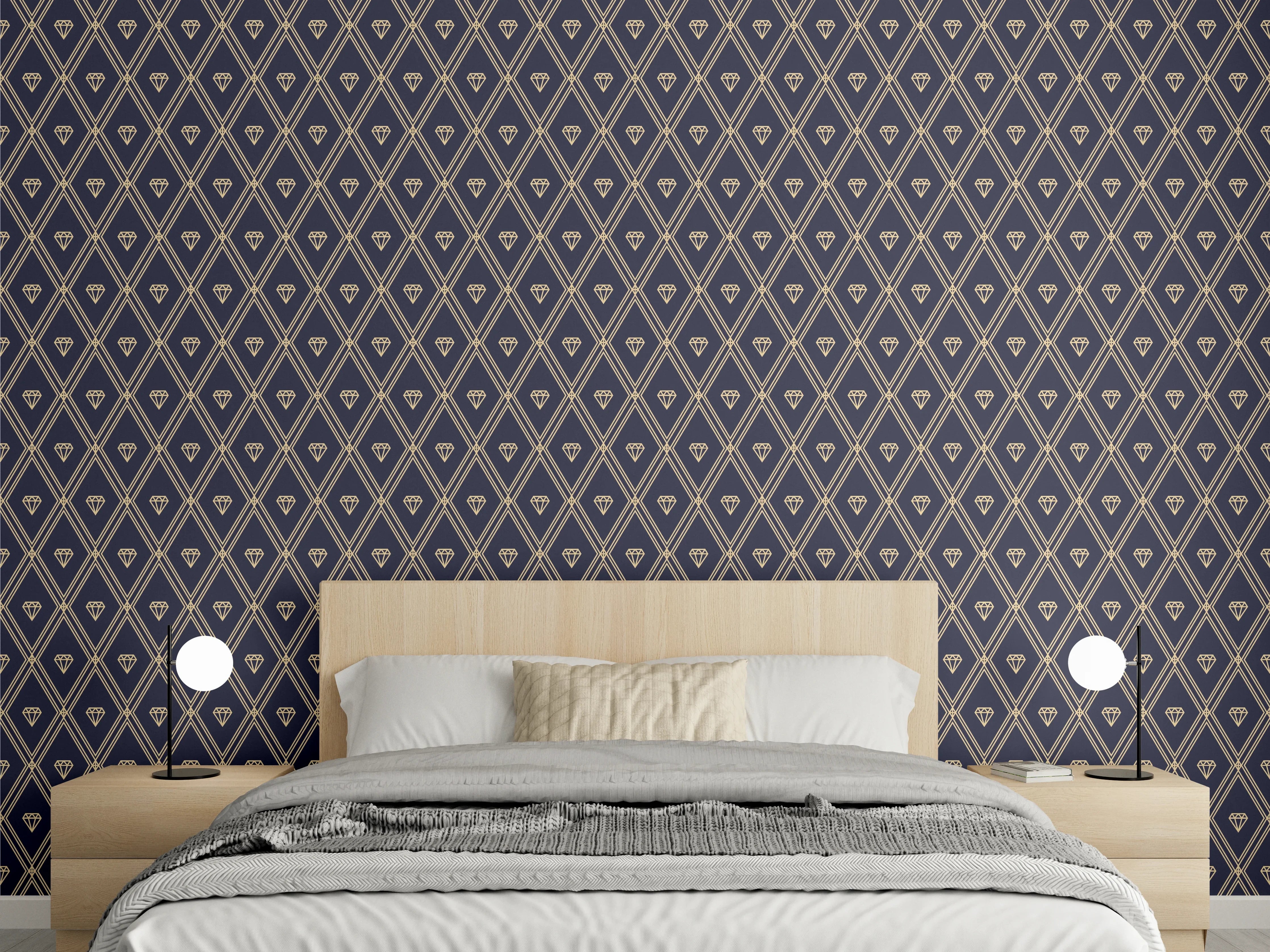 Wandverkleidung Schlafzimmer - Elegantes Retro-Rautenmuster in Dunkelblau