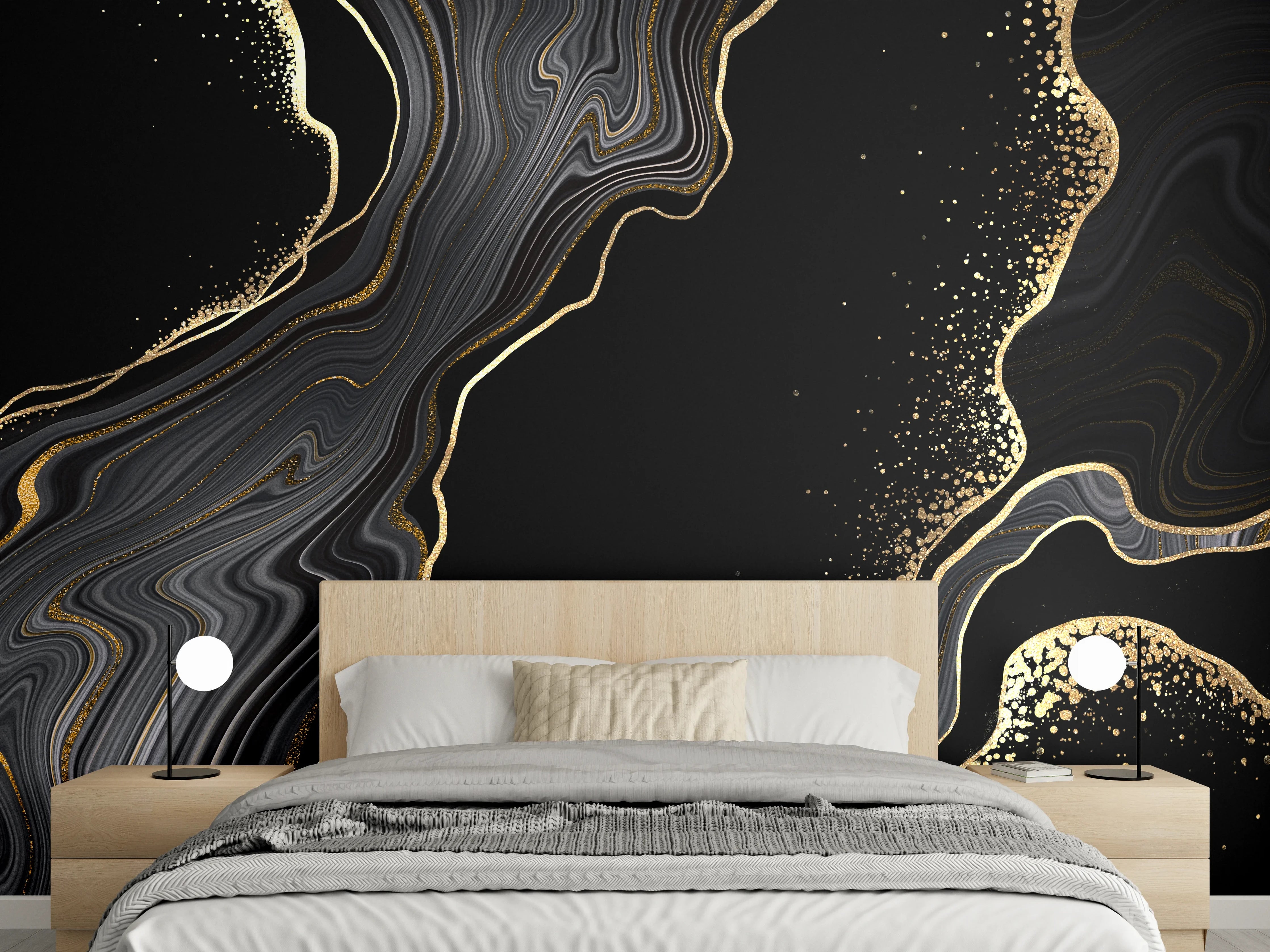Wandverkleidung Schlafzimmer - Elegantes Schwarz-Gold-Marmor-Design
