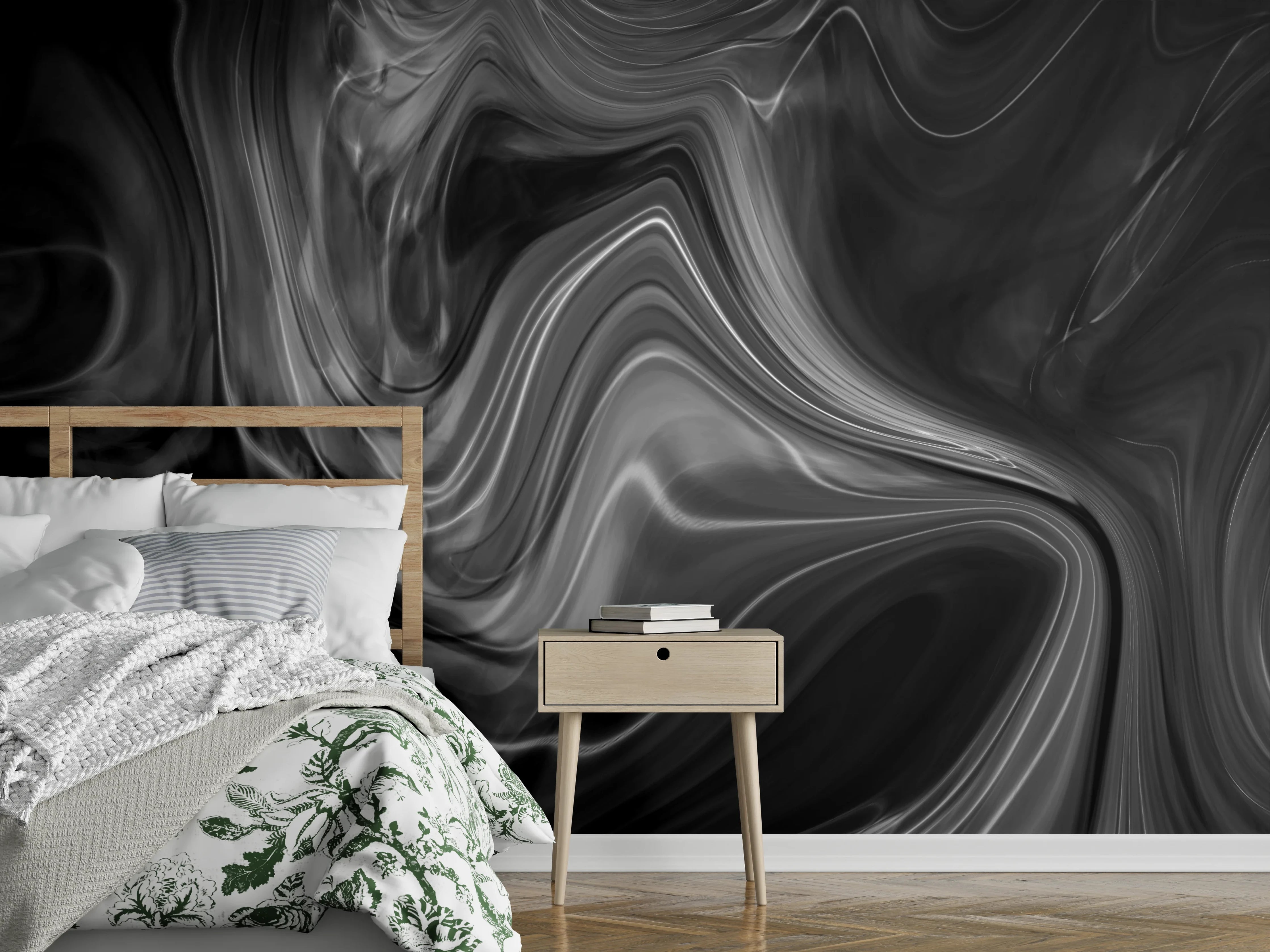 Wandverkleidung Schlafzimmer - Elegantes Schwarzweiß-Motiv mit fließenden Linien