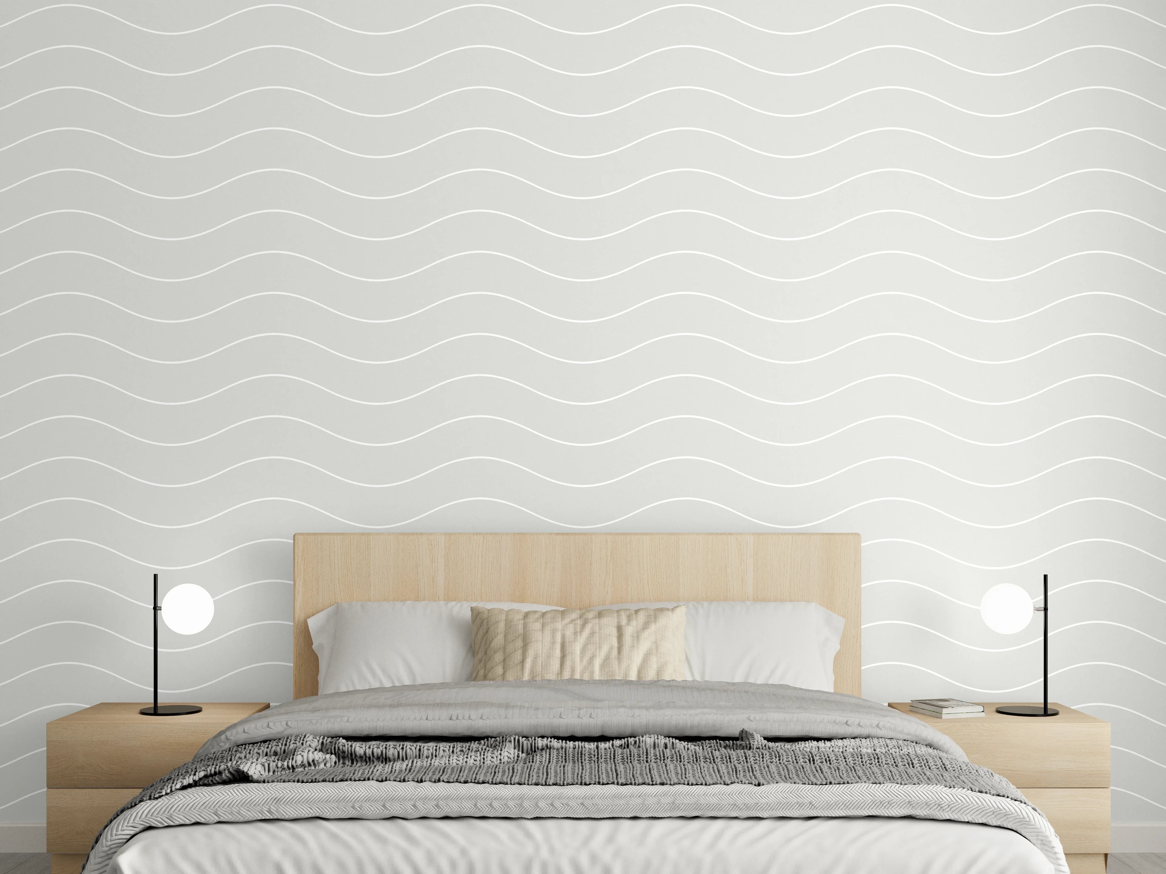 Wandverkleidung Schlafzimmer - Elegantes Wellenmuster in Weiß und Grau