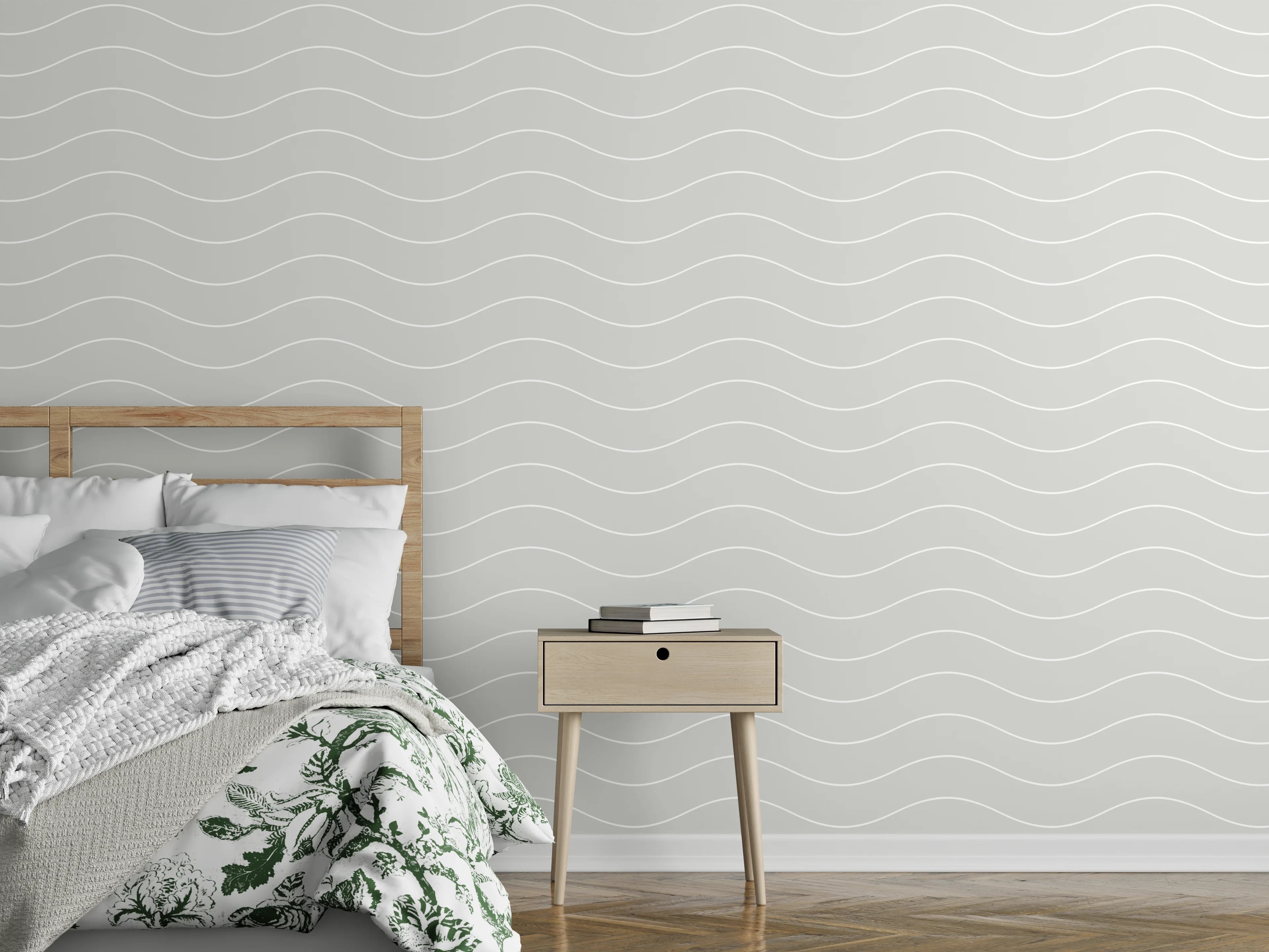 Wandverkleidung Schlafzimmer - Elegantes Wellenmuster in Weiß und Grau