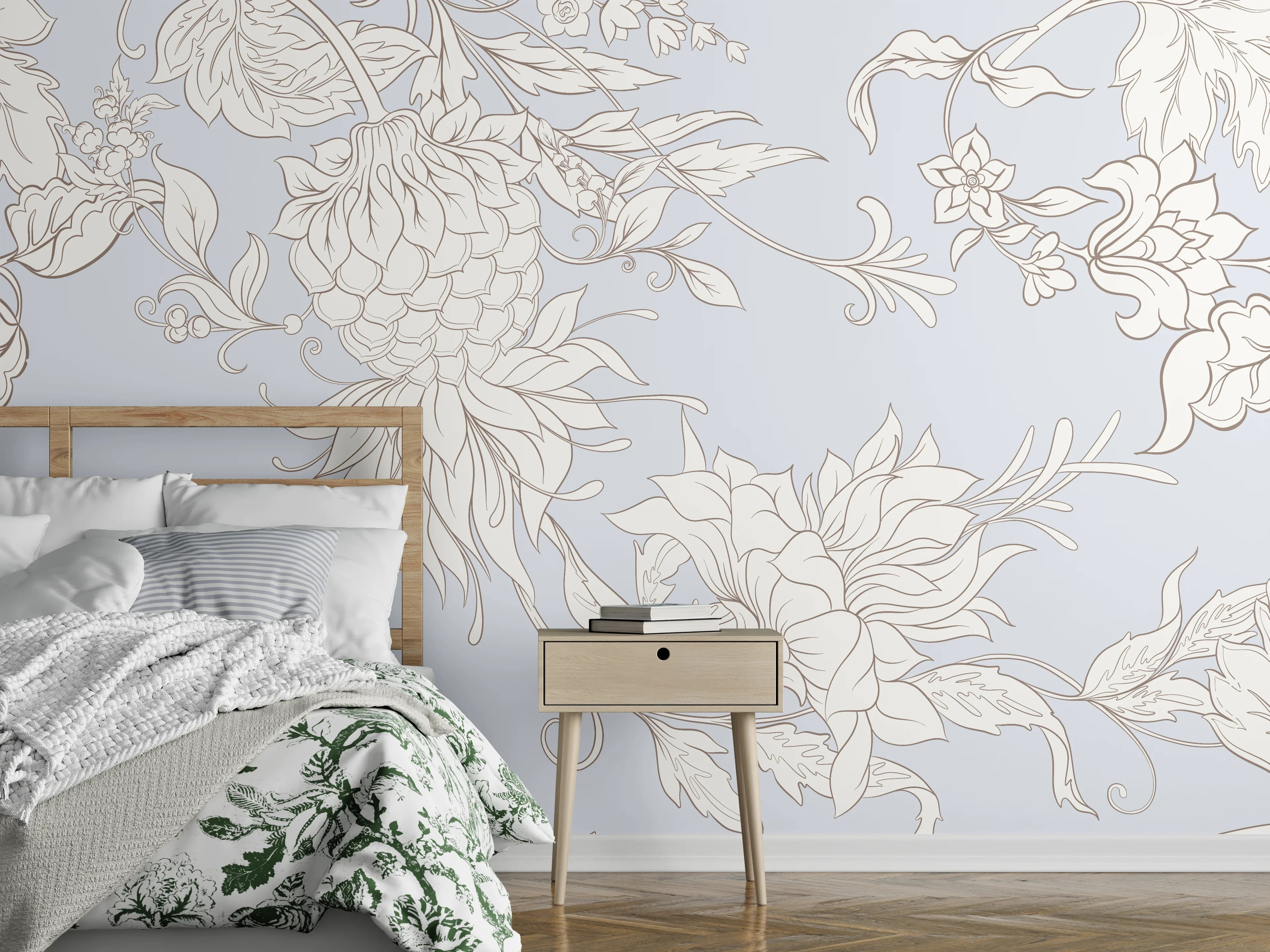 Wandverkleidung Schlafzimmer - Elegantes florales Lineart-Muster weiß-grau