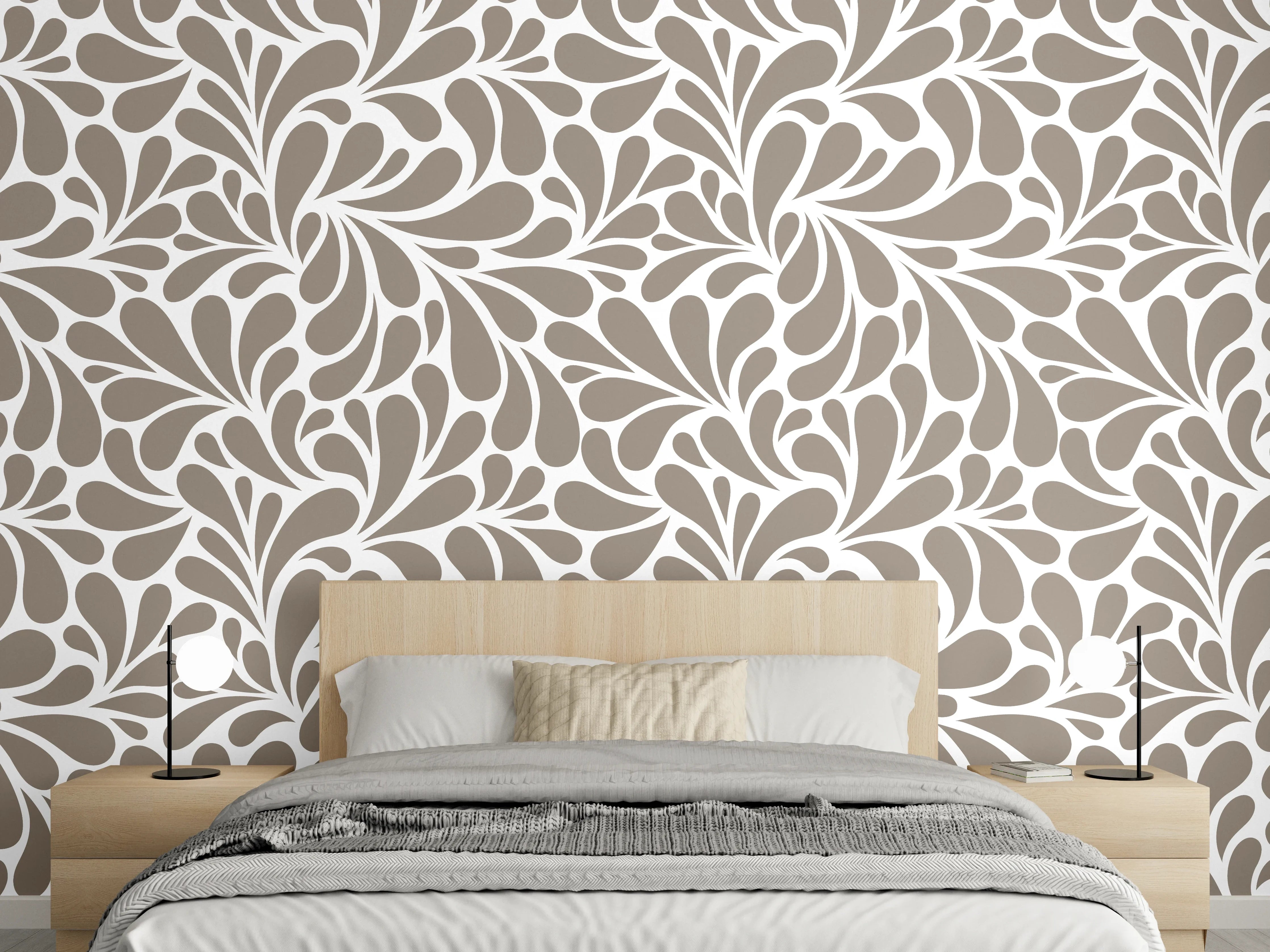 Wandverkleidung Schlafzimmer - Elegantes florales Muster in Beige und Grau