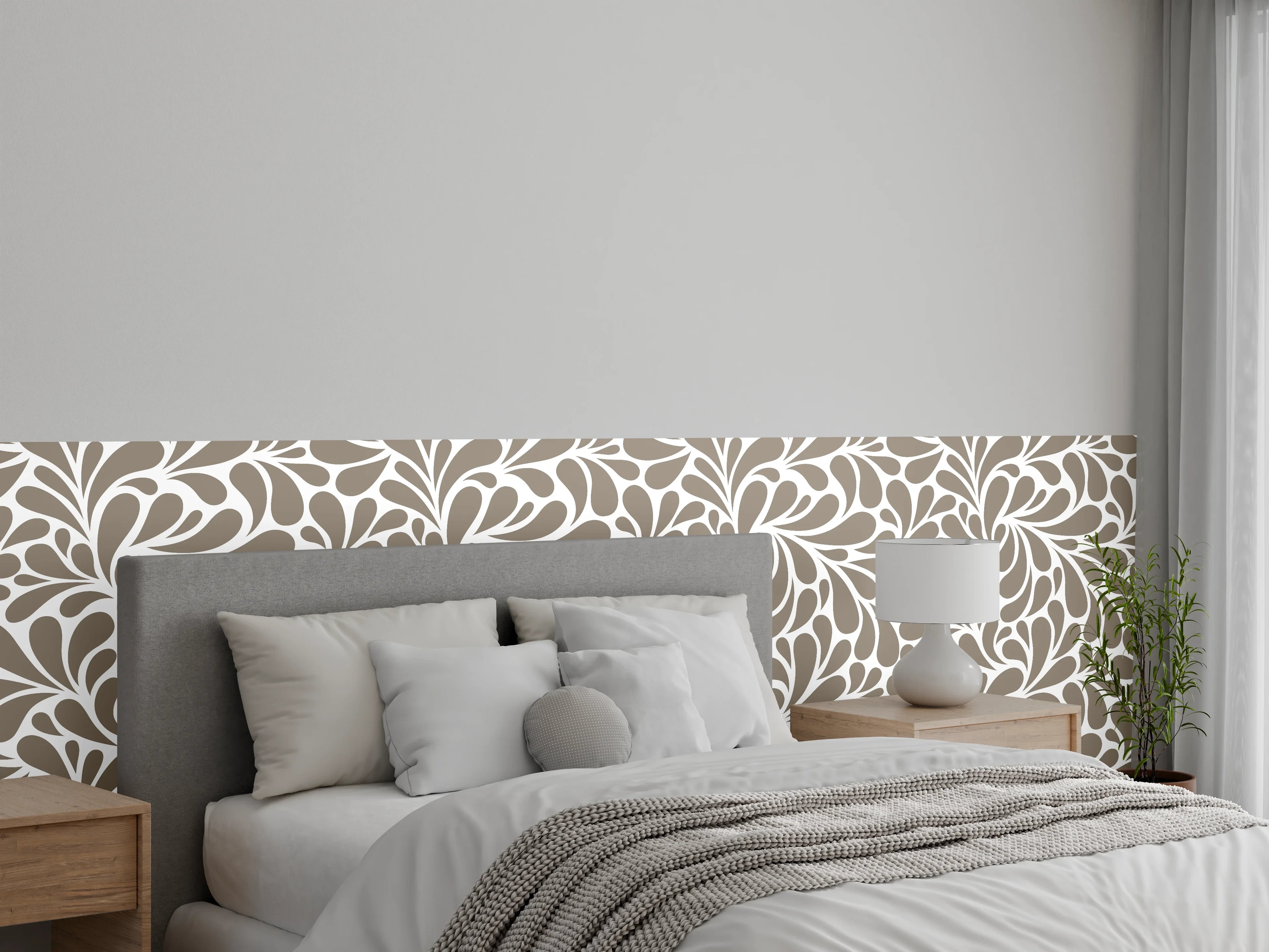 Wandverkleidung Schlafzimmer - Elegantes florales Muster in Beige und Grau