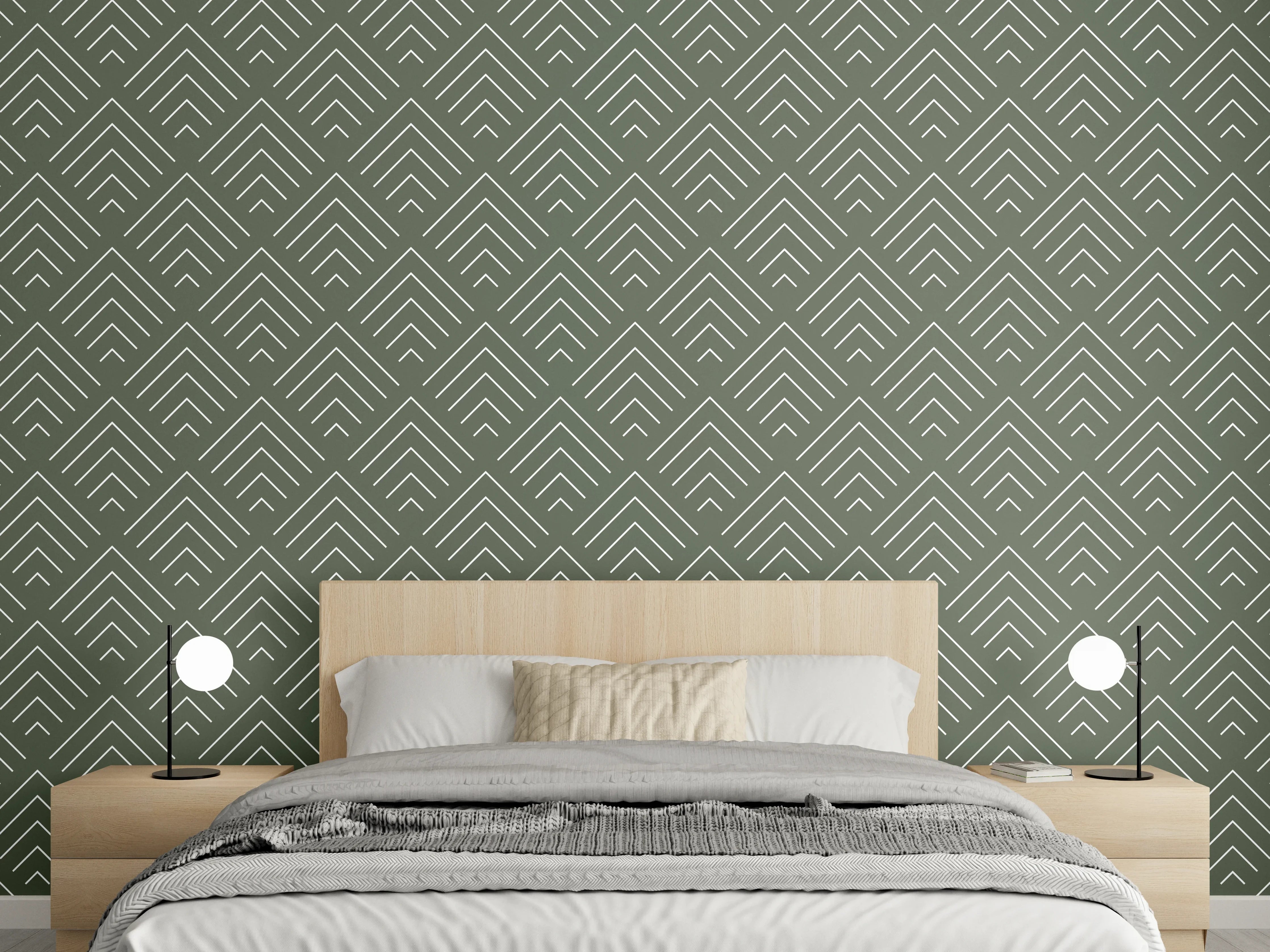 Wandverkleidung Schlafzimmer - Elegantes geometrisches Muster in gedeckten Grüntönen