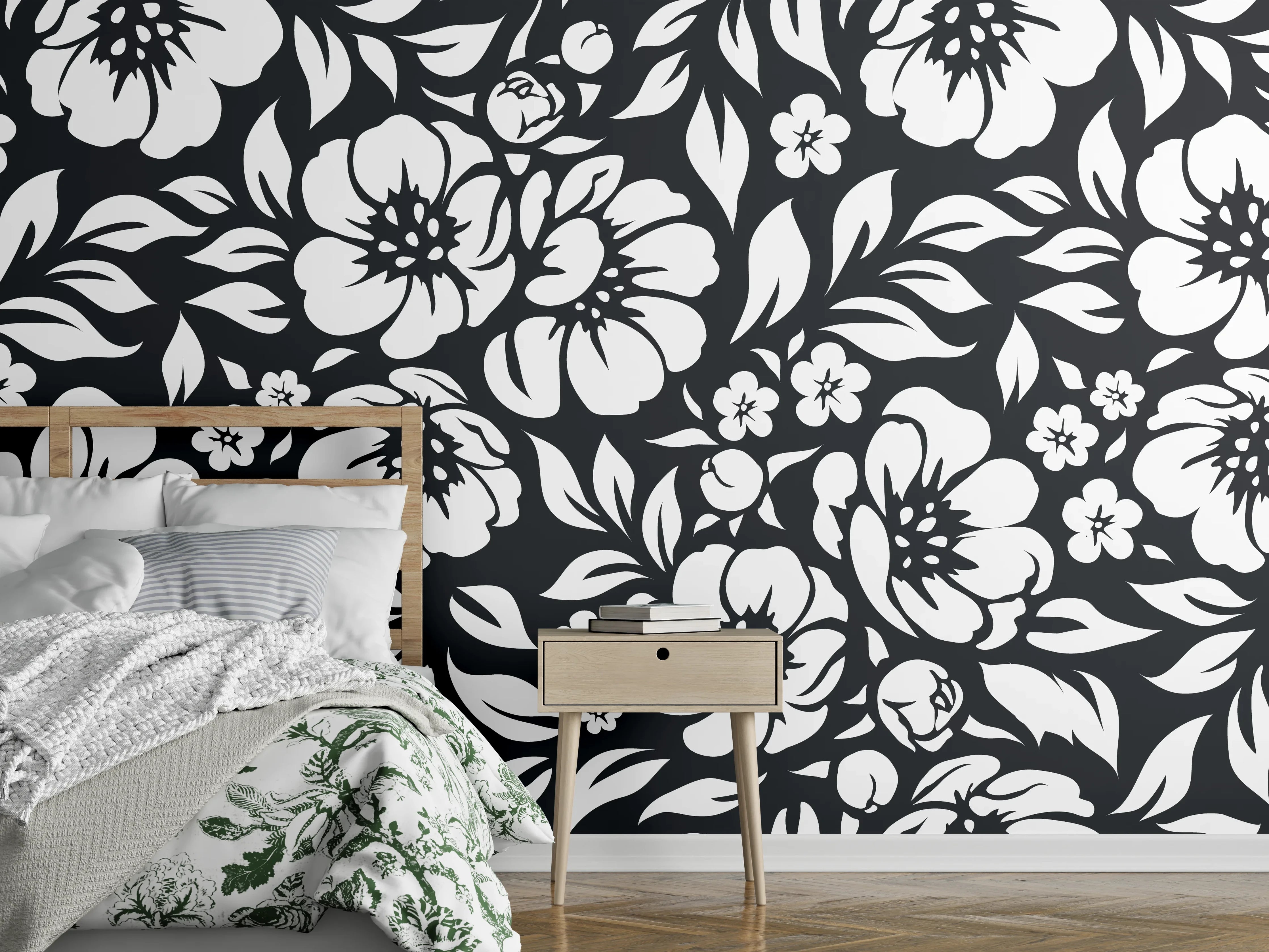 Wandverkleidung Schlafzimmer - Elegantes schwarz-weiß Blumenmuster