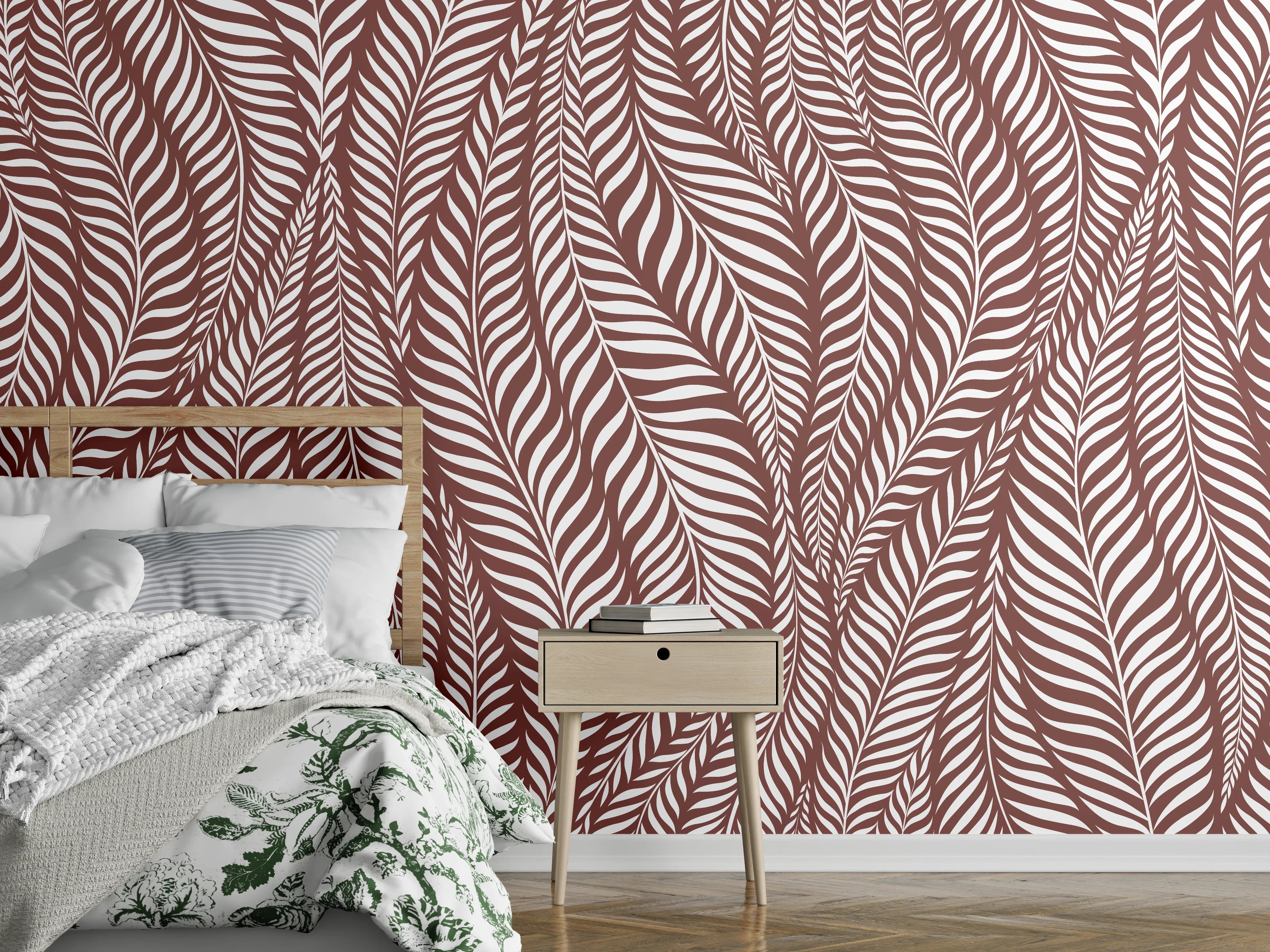 Wandverkleidung Schlafzimmer - Elegantes, braunes Blättermuster
