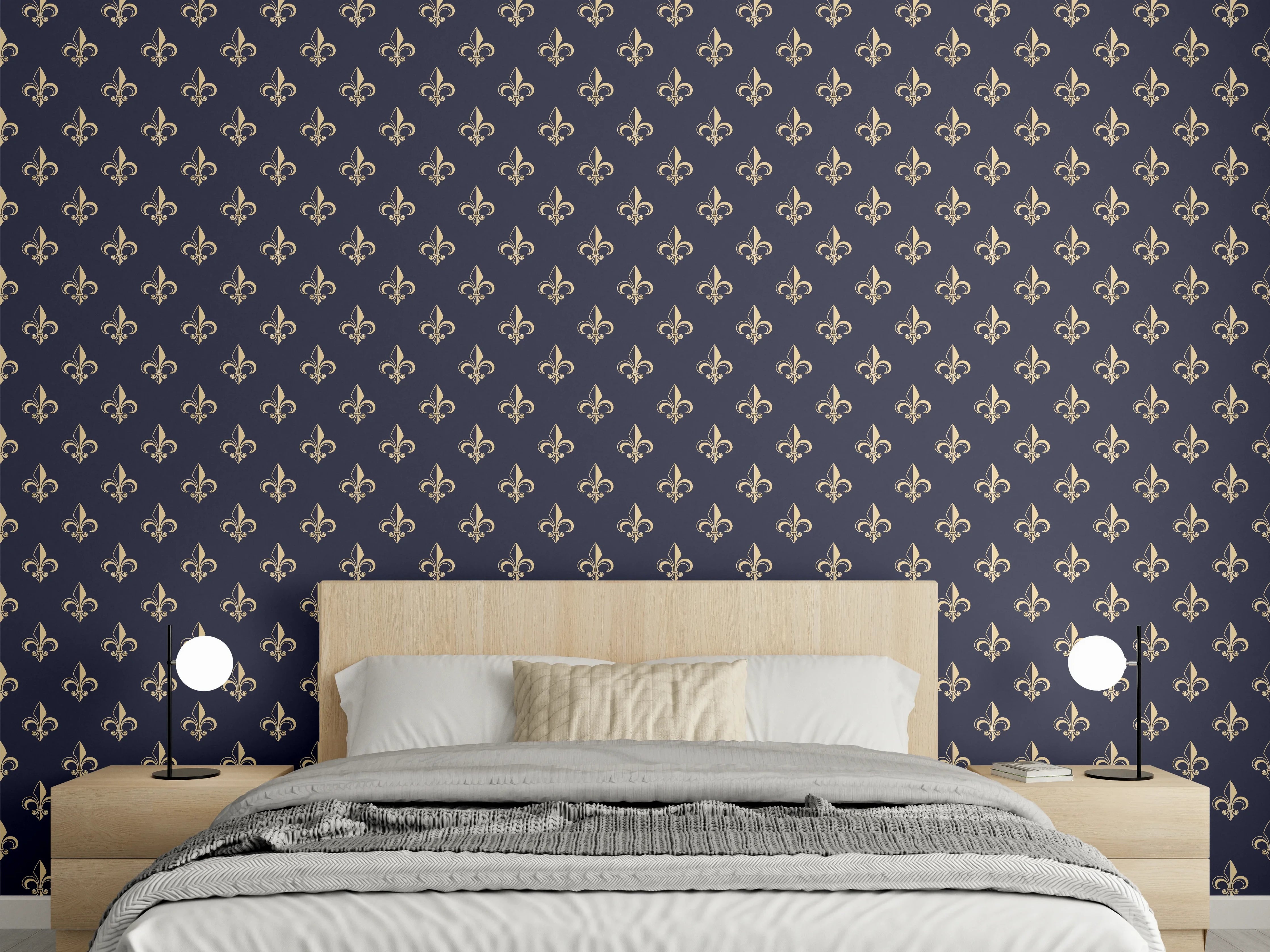 Wandverkleidung Schlafzimmer - Elegantes, dunkles Stoffmuster mit Goldakzenten