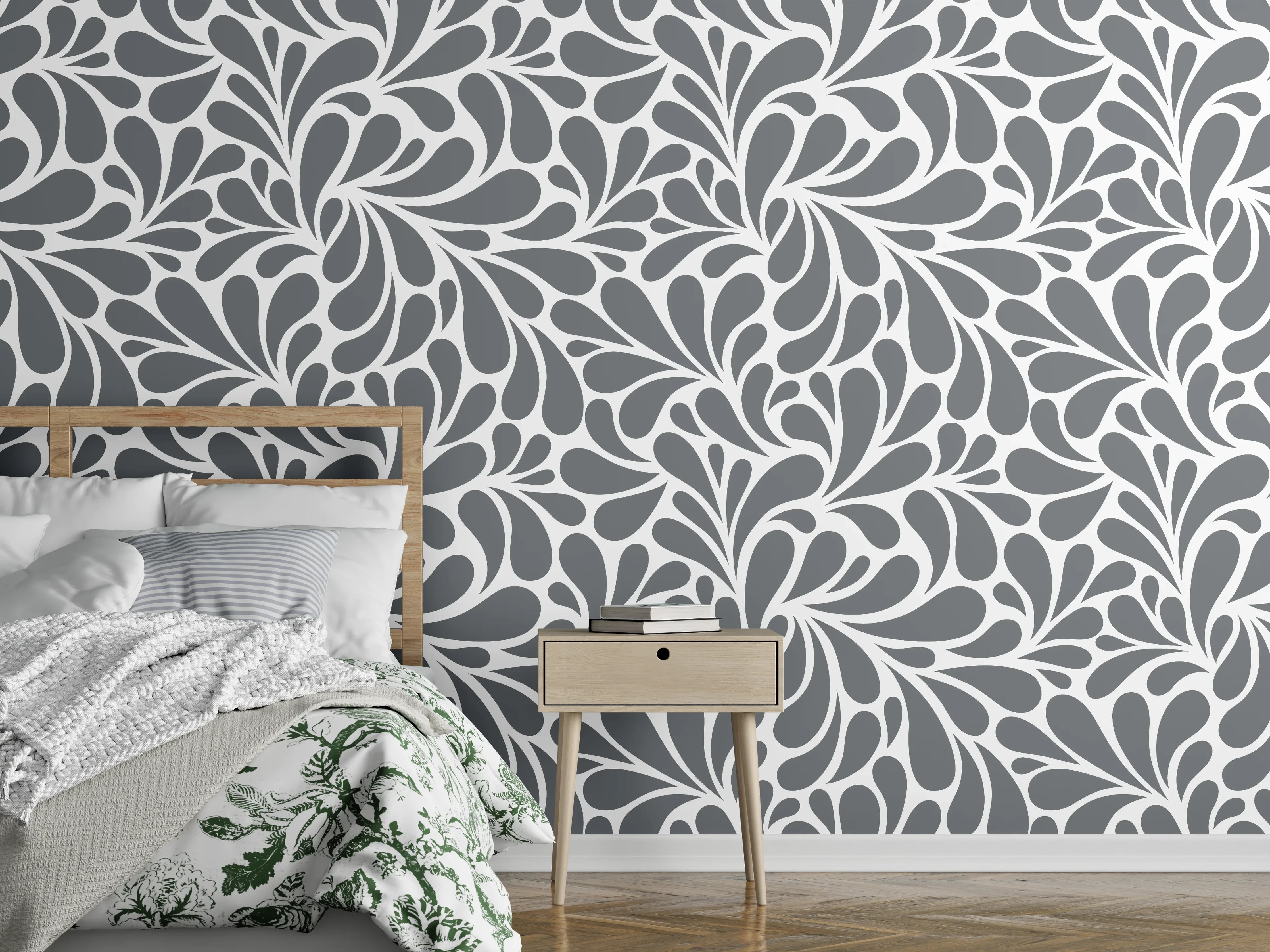 Wandverkleidung Schlafzimmer - Elegantes, graues Blättermuster für stilvolle Einrichtung