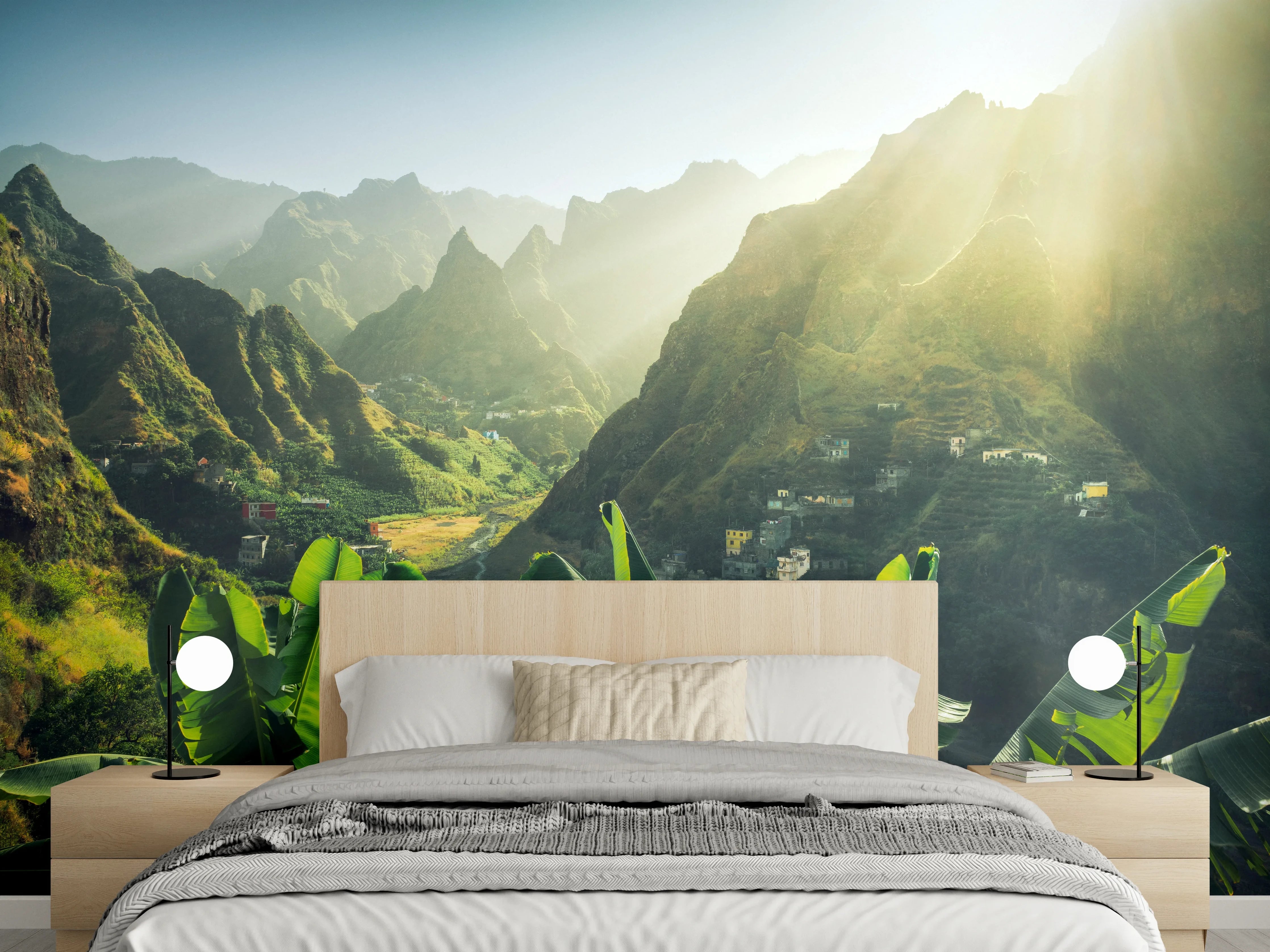 Wandverkleidung Schlafzimmer - Exotische Berglandschaft im Sonnenlicht