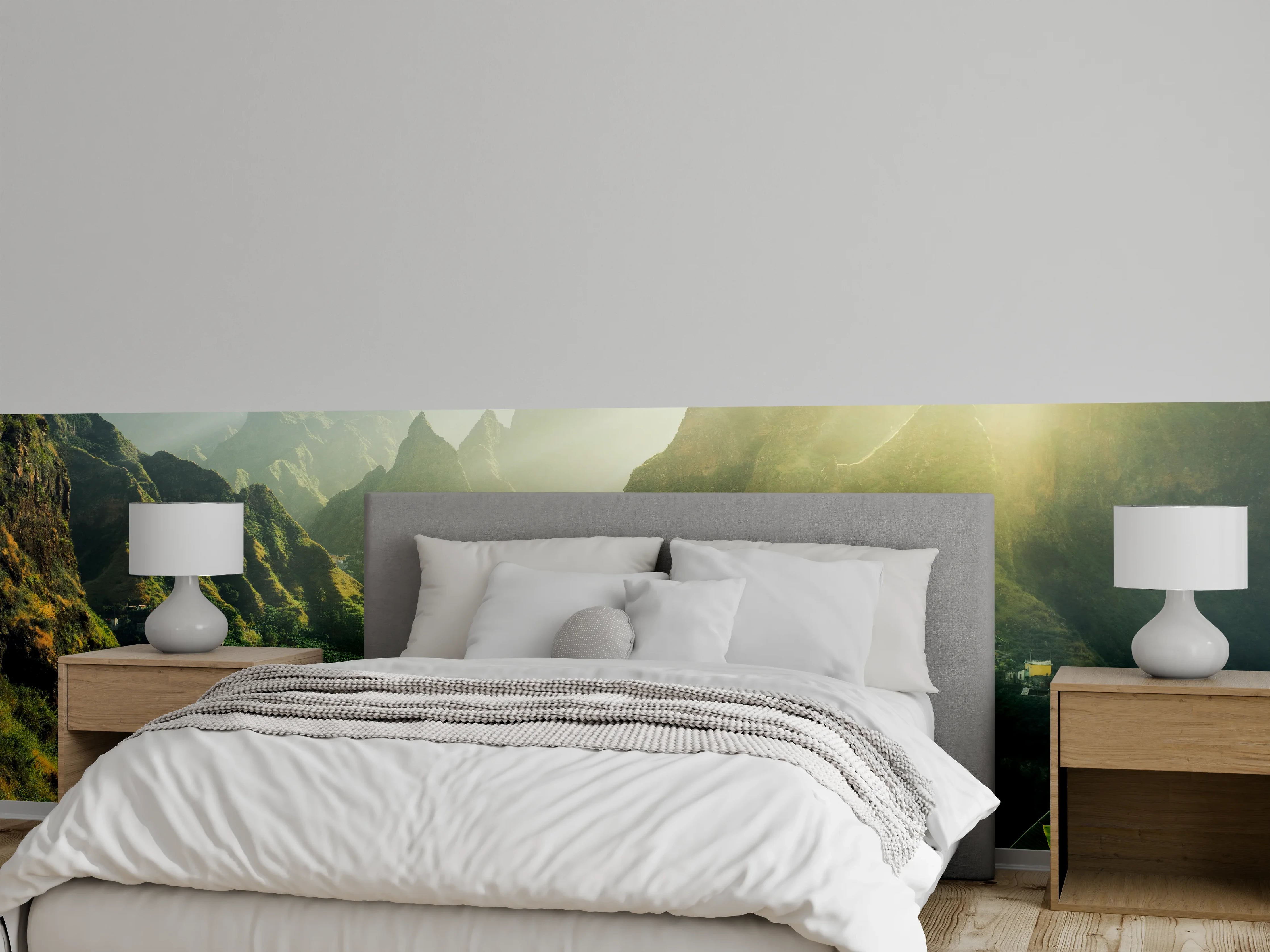 Wandverkleidung Schlafzimmer - Exotische Berglandschaft im Sonnenlicht