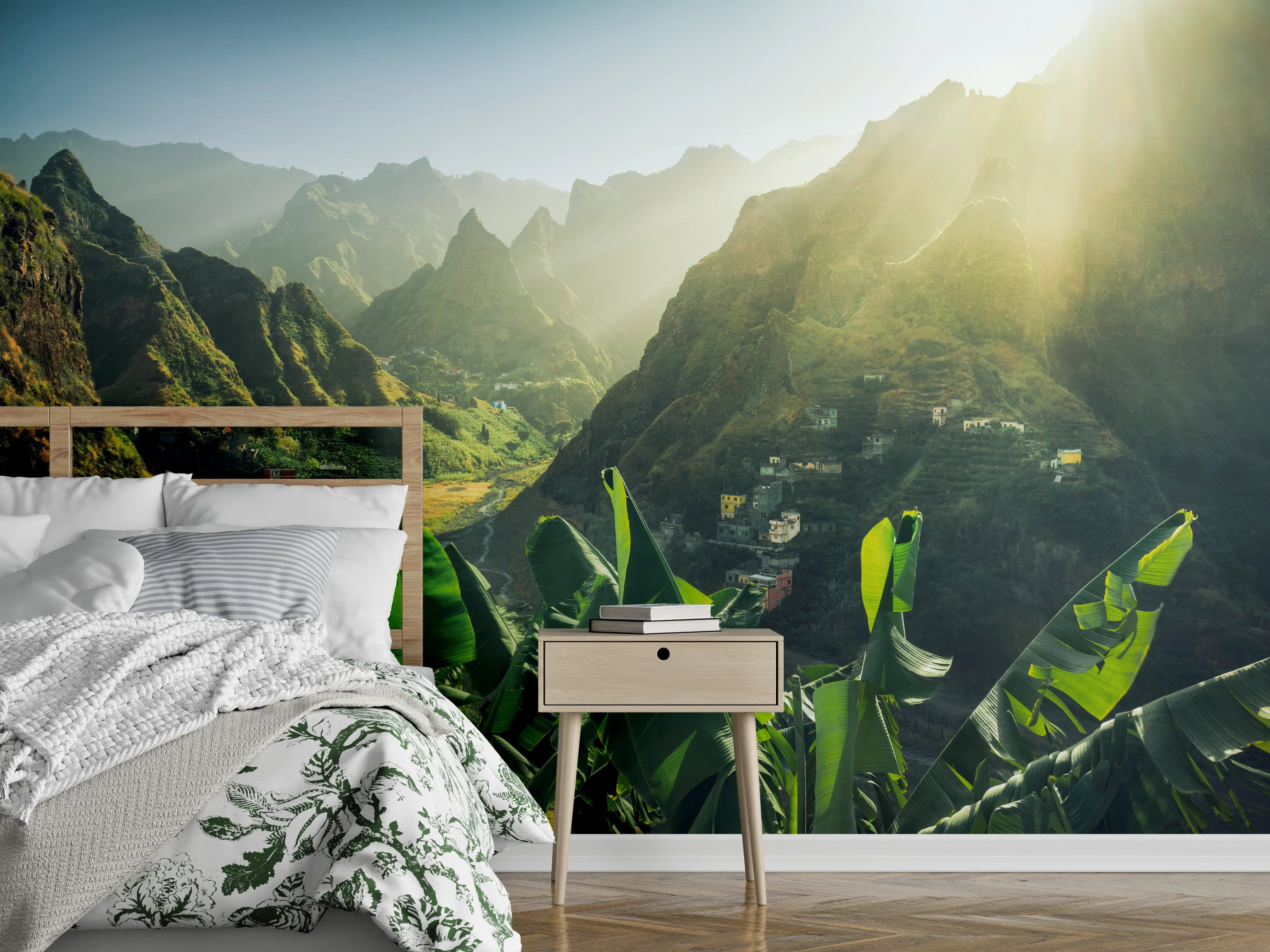 Wandverkleidung Schlafzimmer - Exotische Berglandschaft im Sonnenlicht