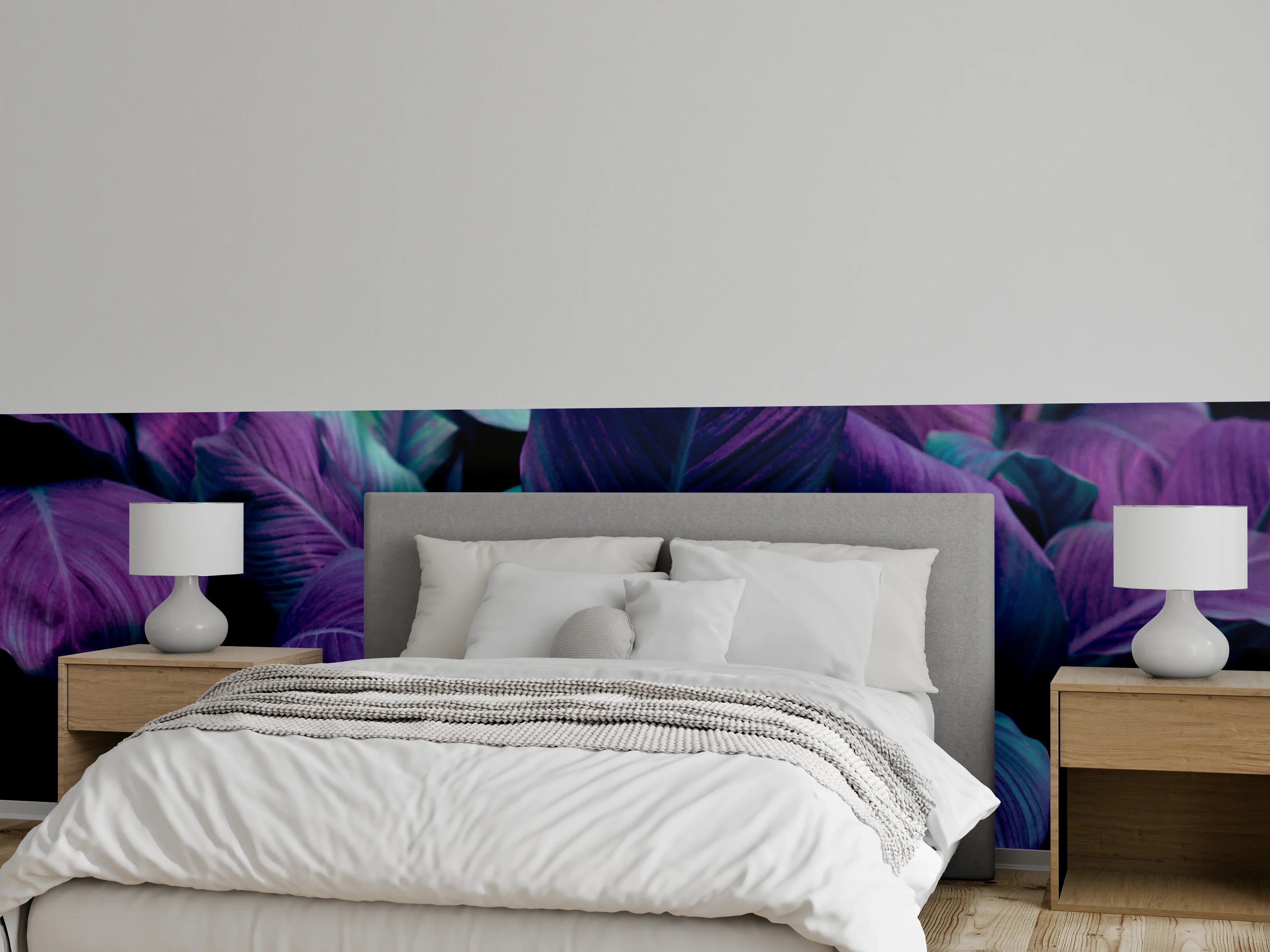 Wandverkleidung Schlafzimmer - Exotische Blätter in Violett und Türkis