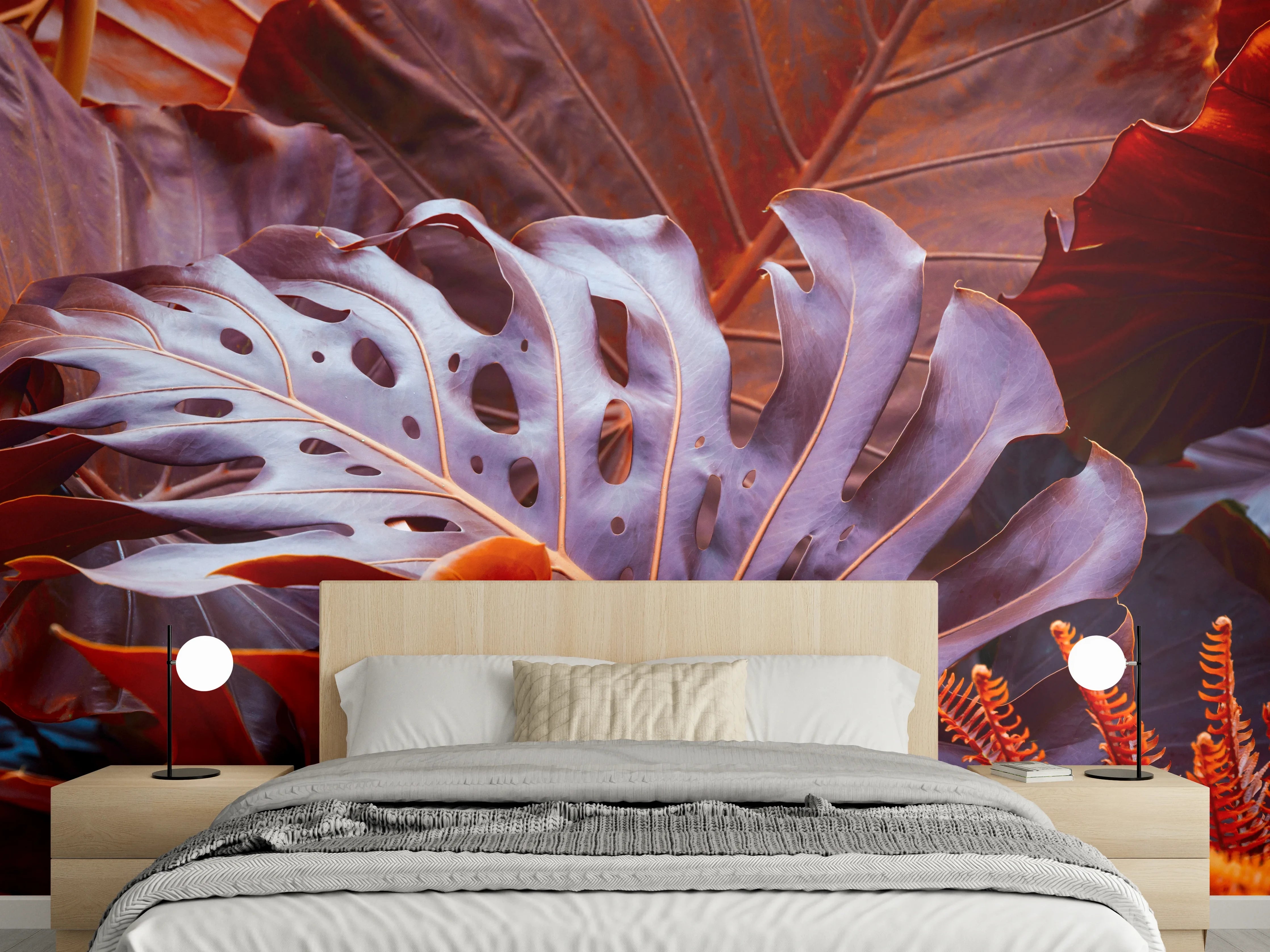 Wandverkleidung Schlafzimmer - Exotische Blätterpracht in Rot-Orange