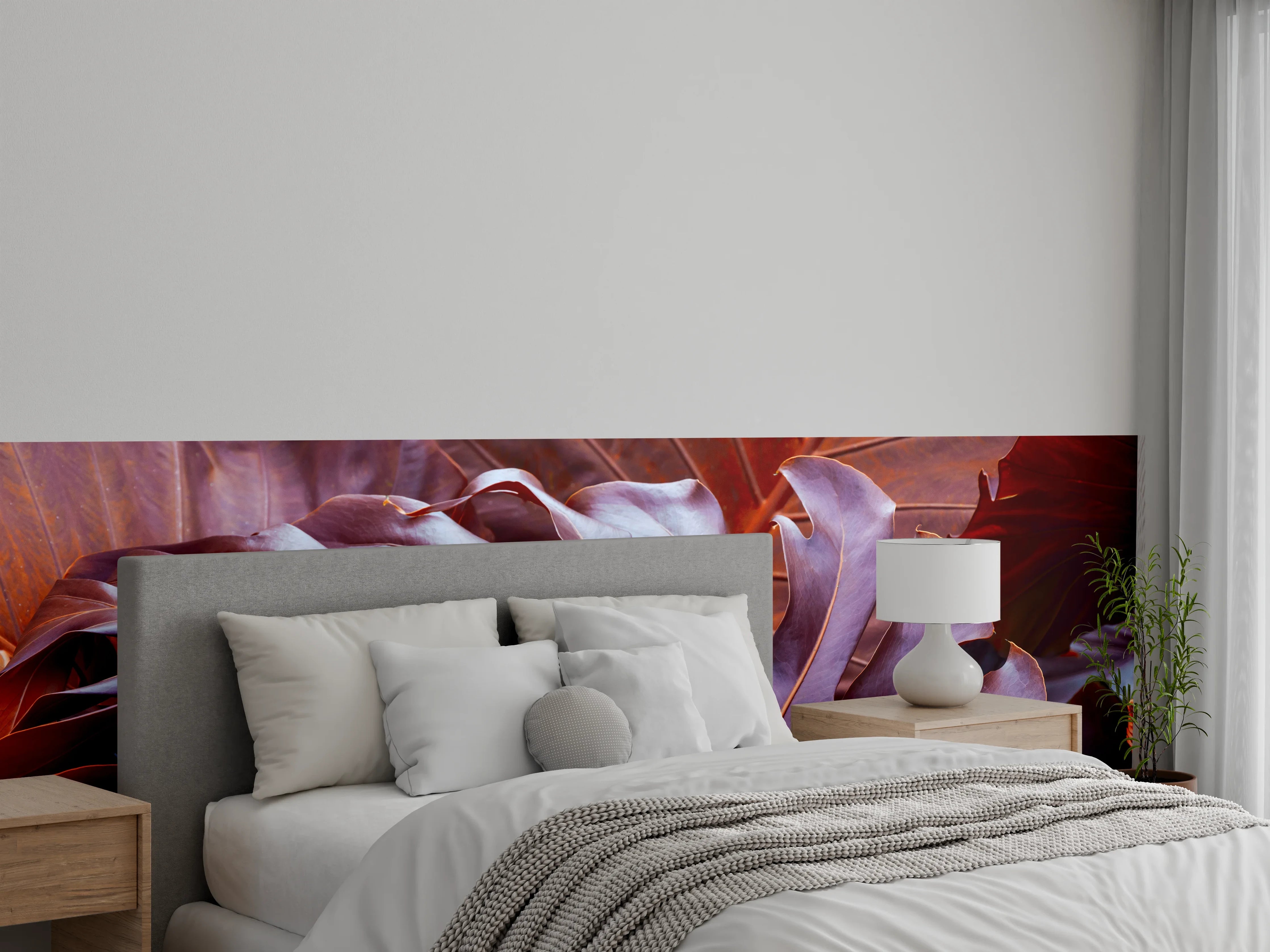 Wandverkleidung Schlafzimmer - Exotische Blätterpracht in Rot-Orange