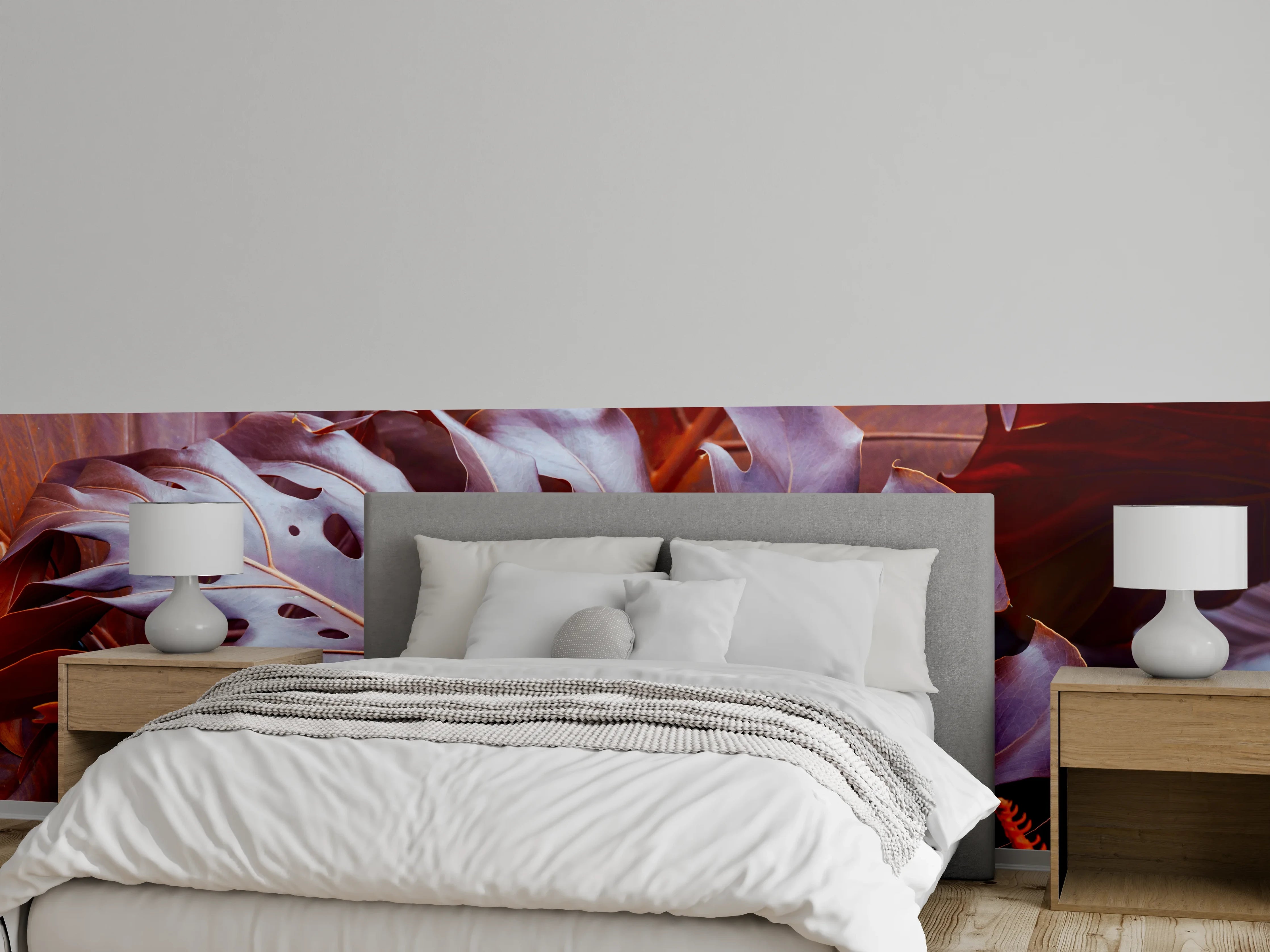 Wandverkleidung Schlafzimmer - Exotische Blätterpracht in Rot-Orange