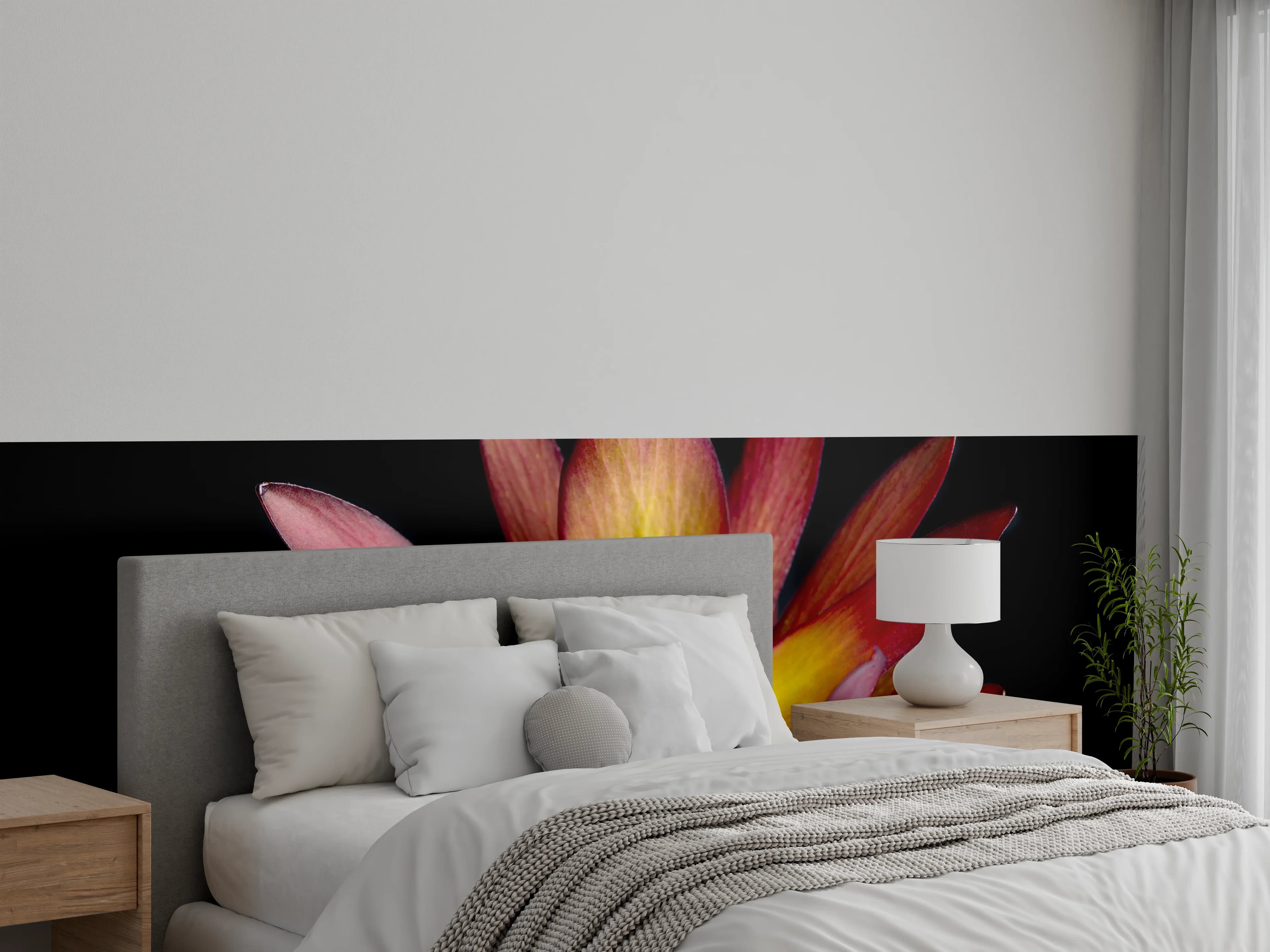 Wandverkleidung Schlafzimmer - Exotische Blüte in Rot-Gelb auf Schwarz