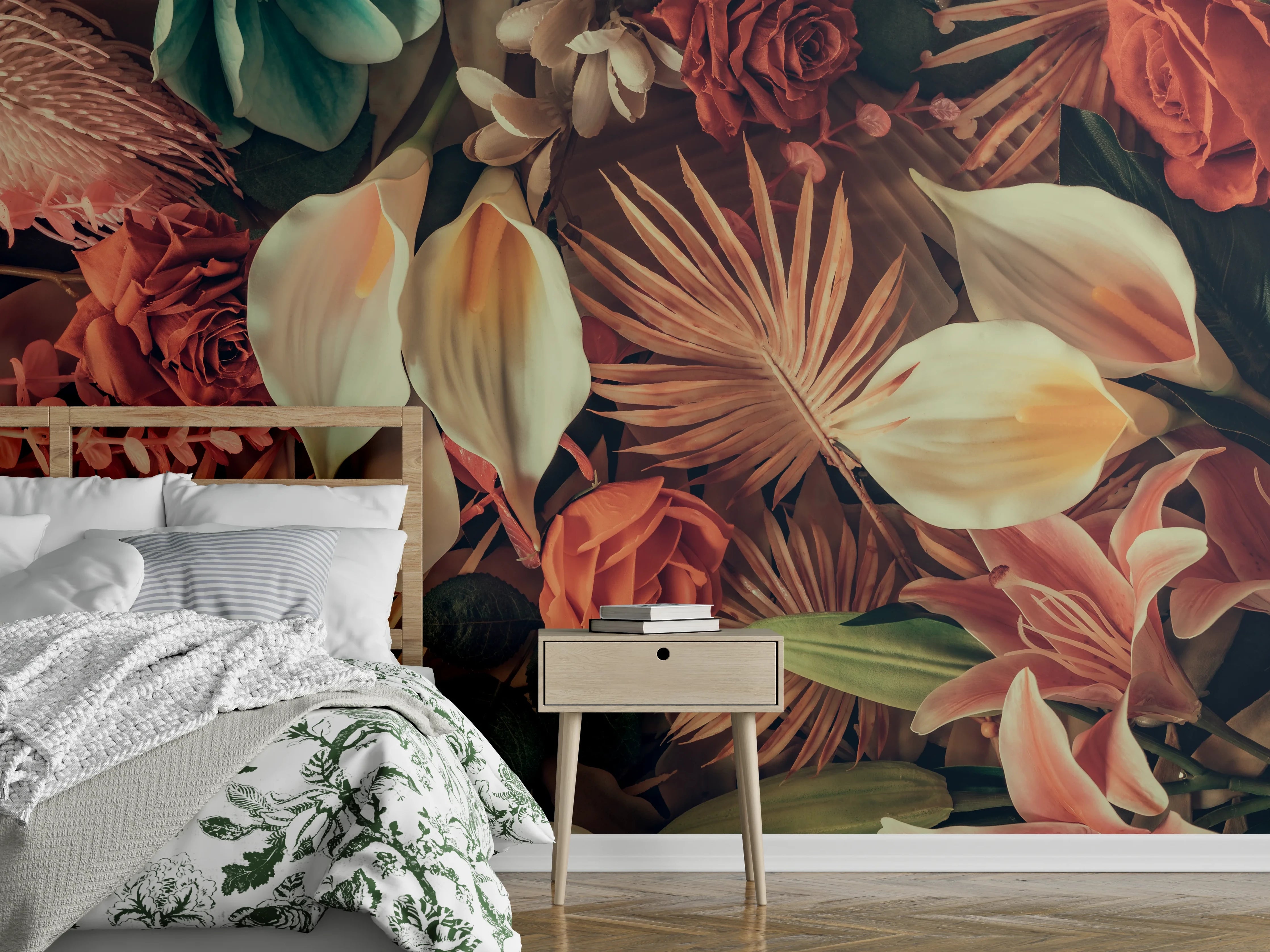 Wandverkleidung Schlafzimmer - Exotische Blumenpracht mit Palmenblättern
