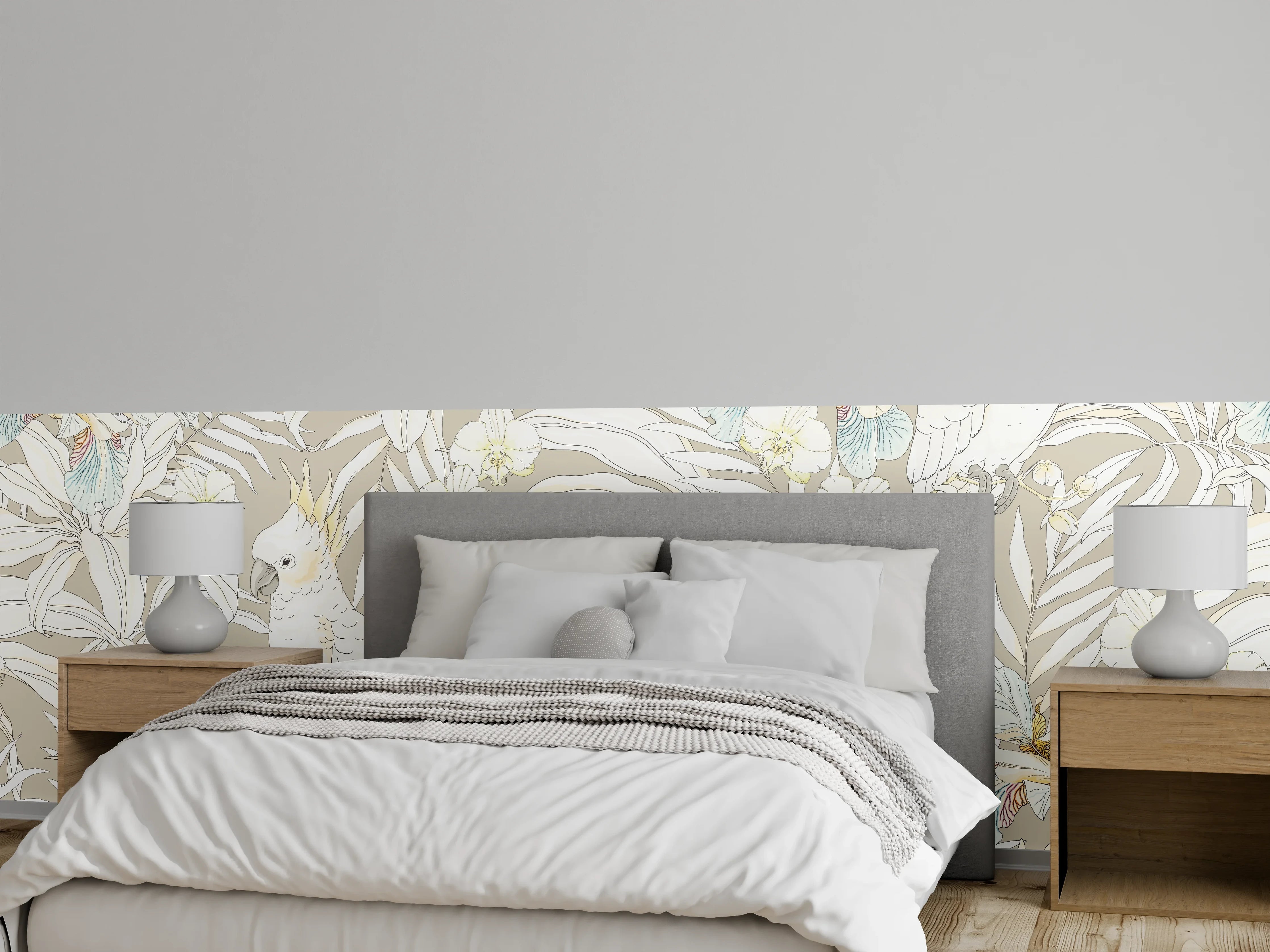 Wandverkleidung Schlafzimmer - Exotische Kakadu-Blumen-Musterung