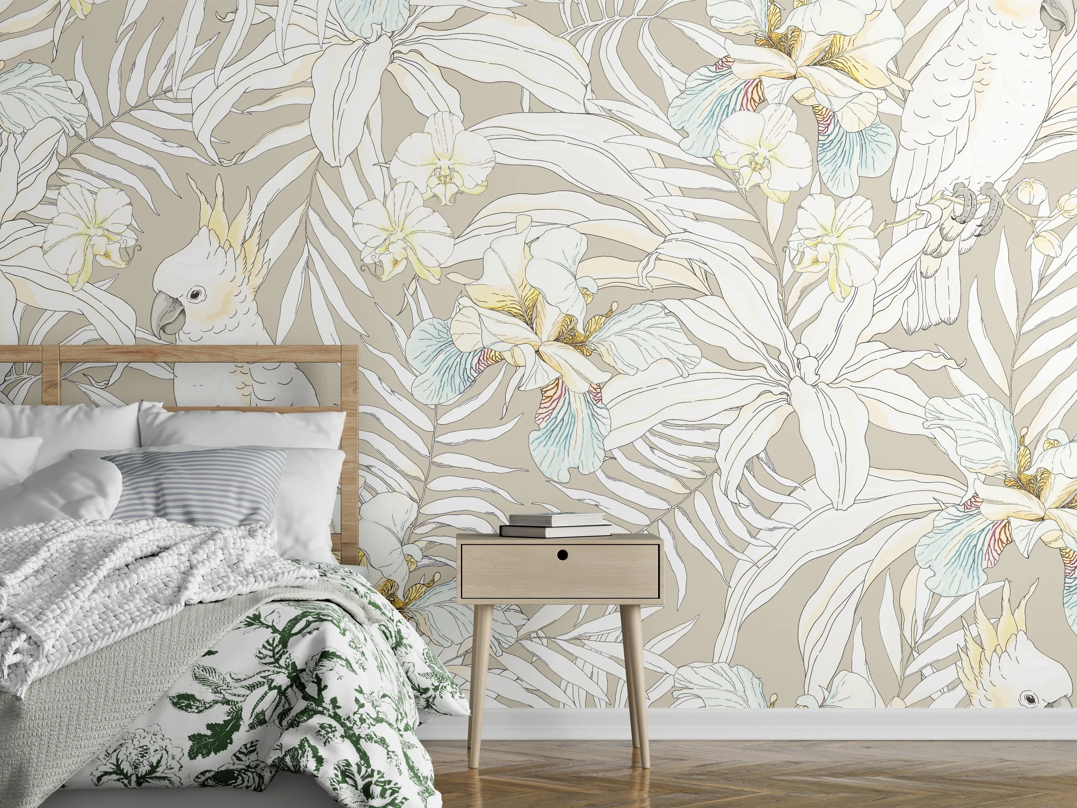 Wandverkleidung Schlafzimmer - Exotische Kakadu-Blumen-Musterung