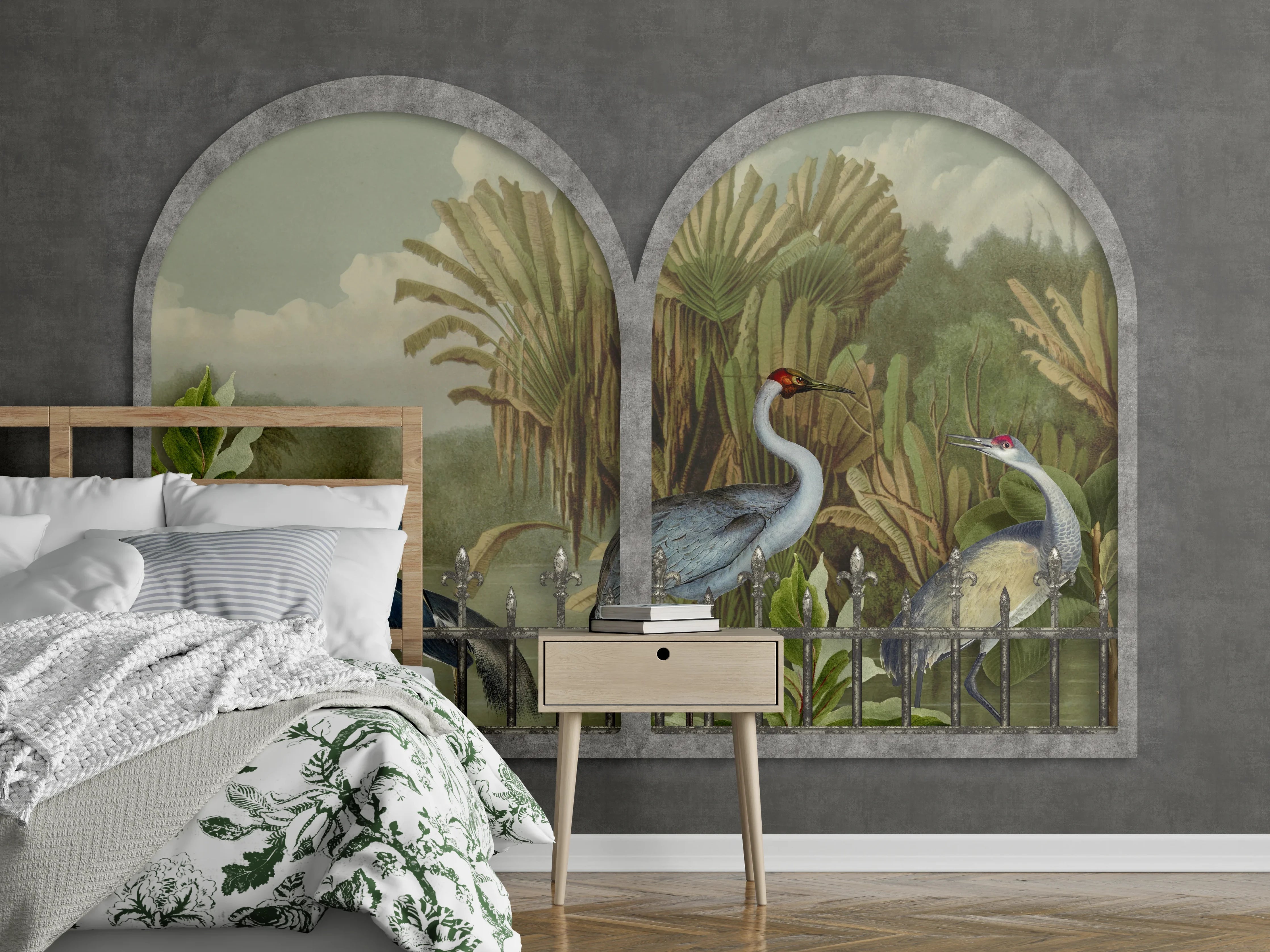 Wandverkleidung Schlafzimmer - Exotische Kraniche Naturpanorama