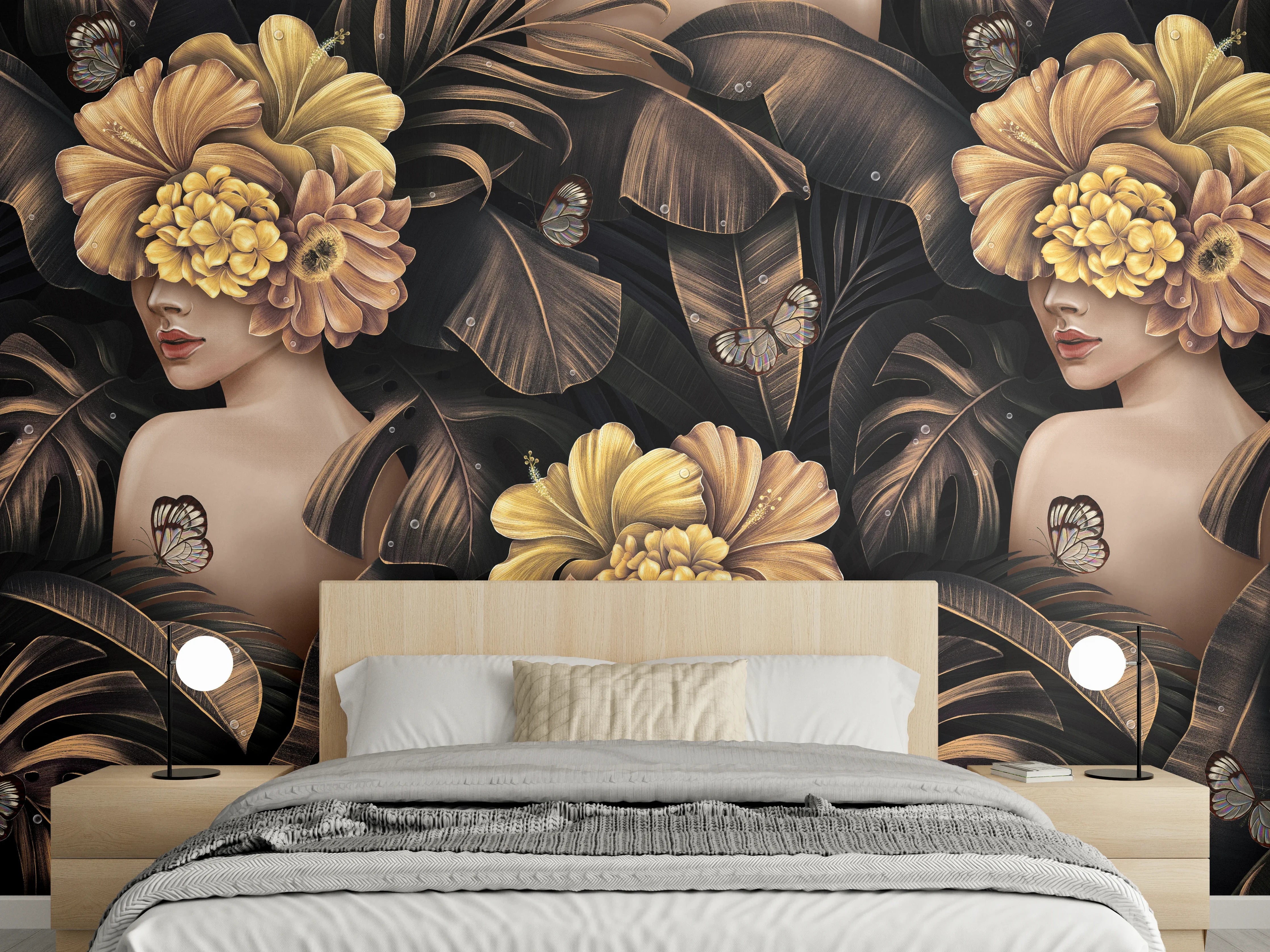 Wandverkleidung Schlafzimmer - Exotischen Frauen, Blumen Muster