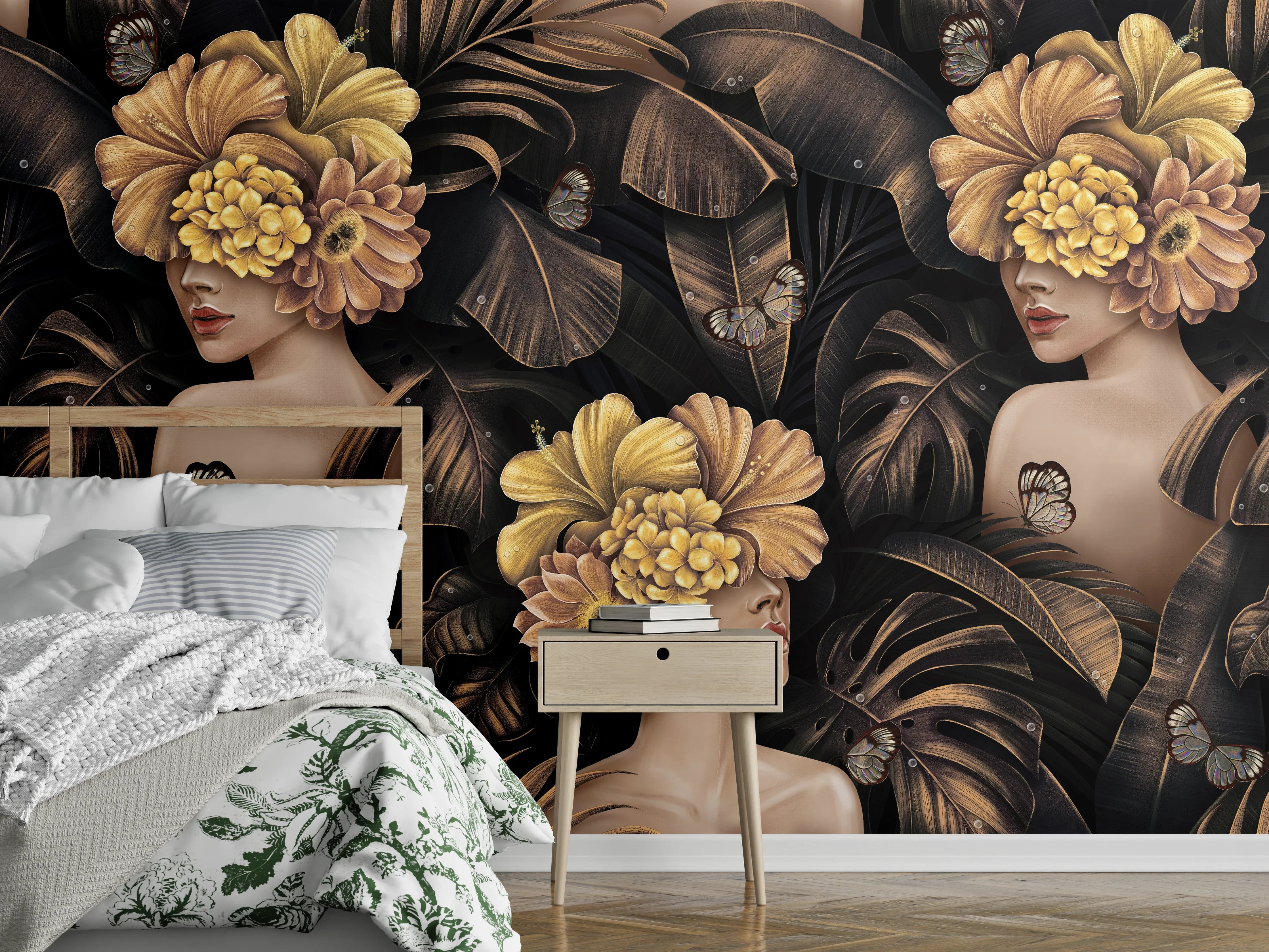Wandverkleidung Schlafzimmer - Exotischen Frauen, Blumen Muster