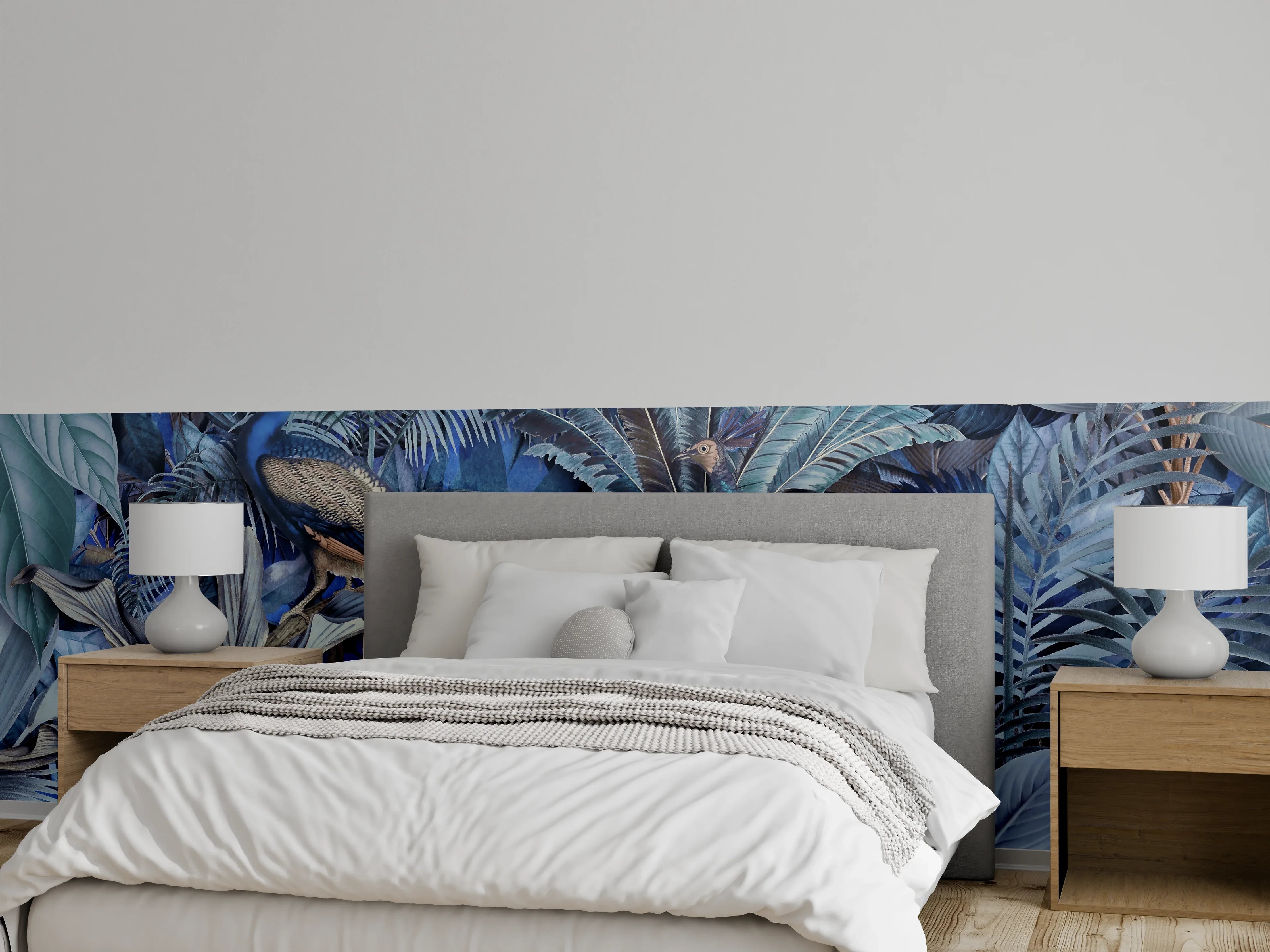 Wandverkleidung Schlafzimmer - Exotischer Garten - Blaue Pfauen