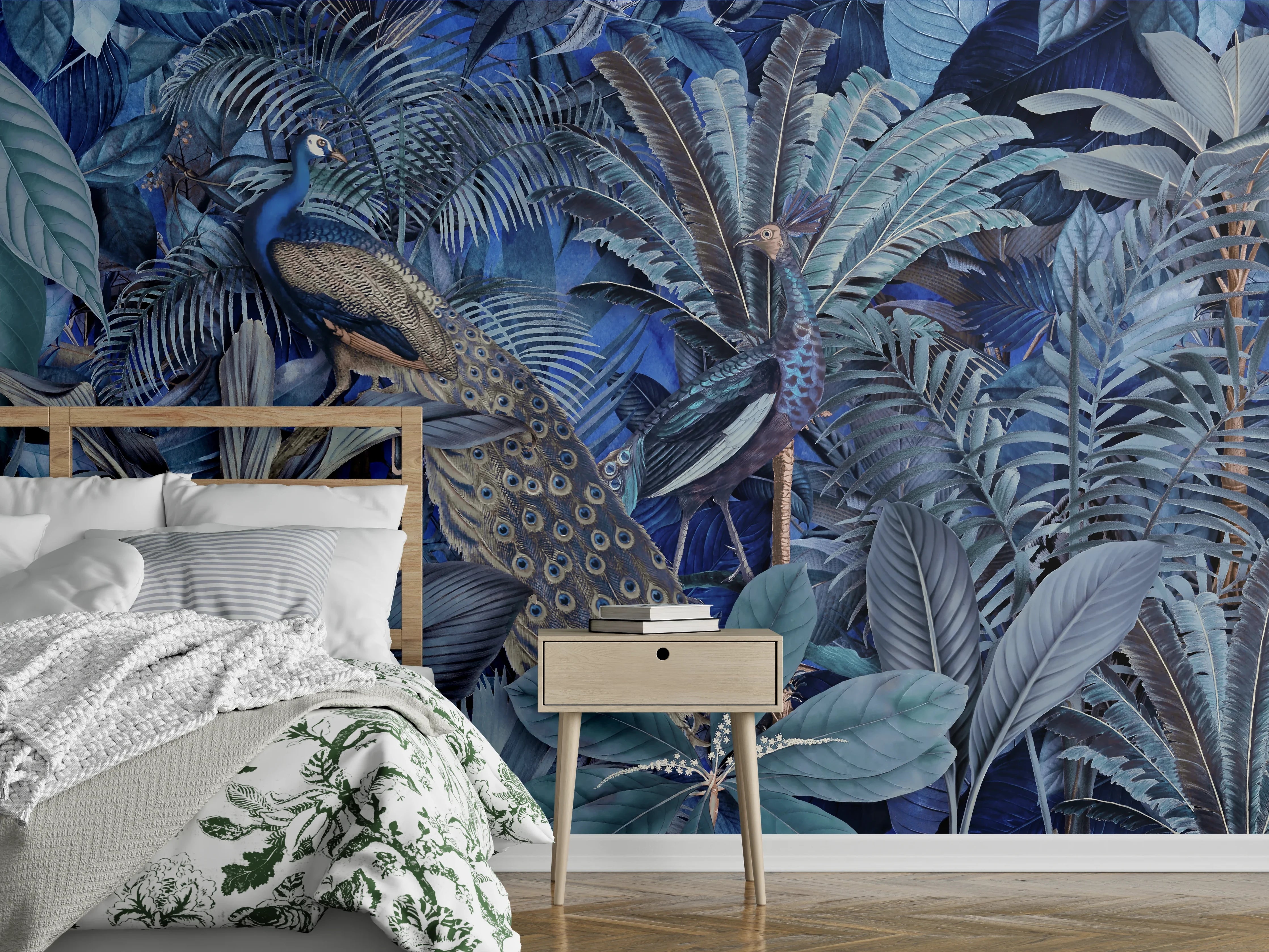 Wandverkleidung Schlafzimmer - Exotischer Garten - Blaue Pfauen