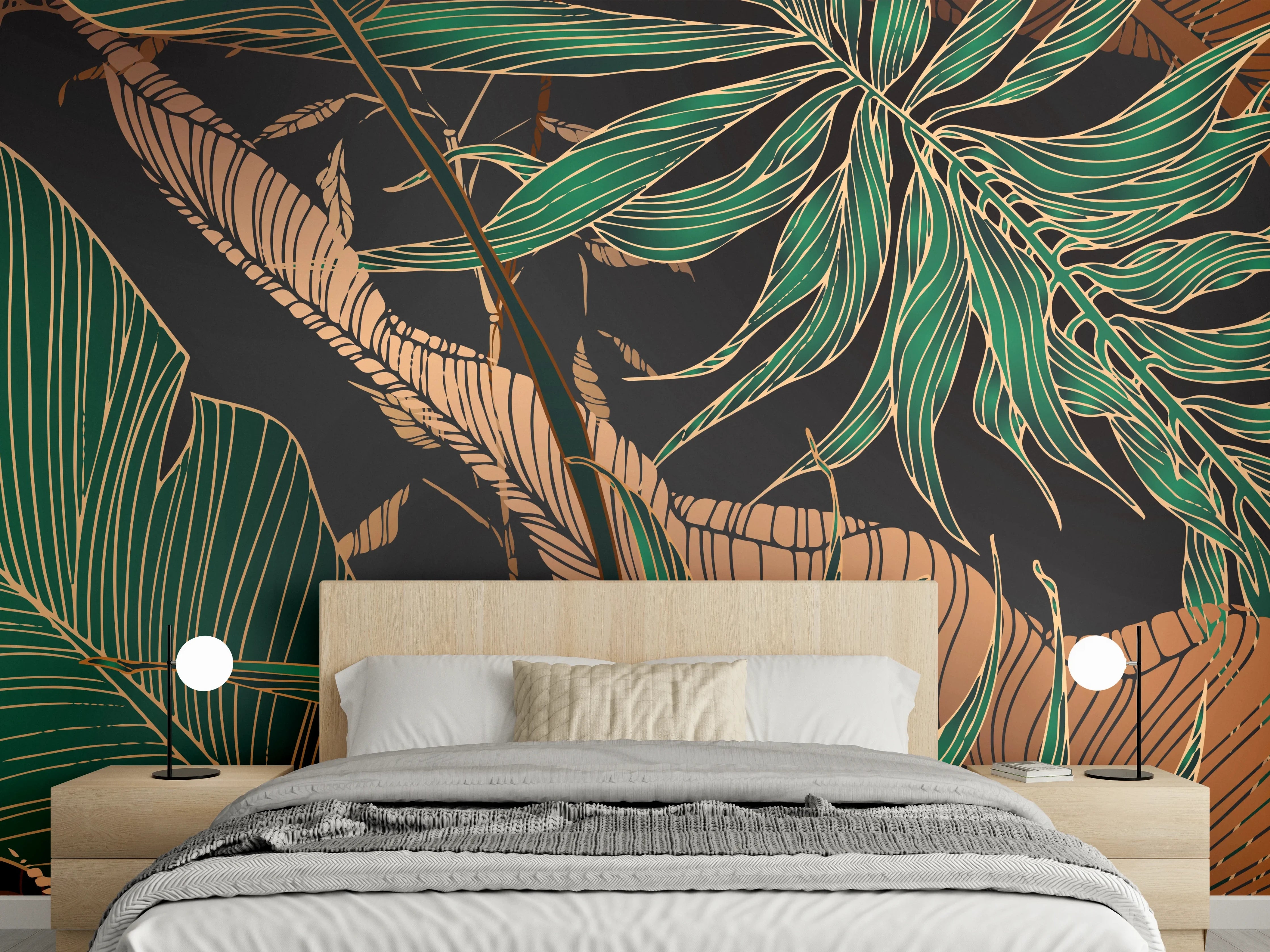 Wandverkleidung Schlafzimmer - Exotisches Blattmuster Dunkel