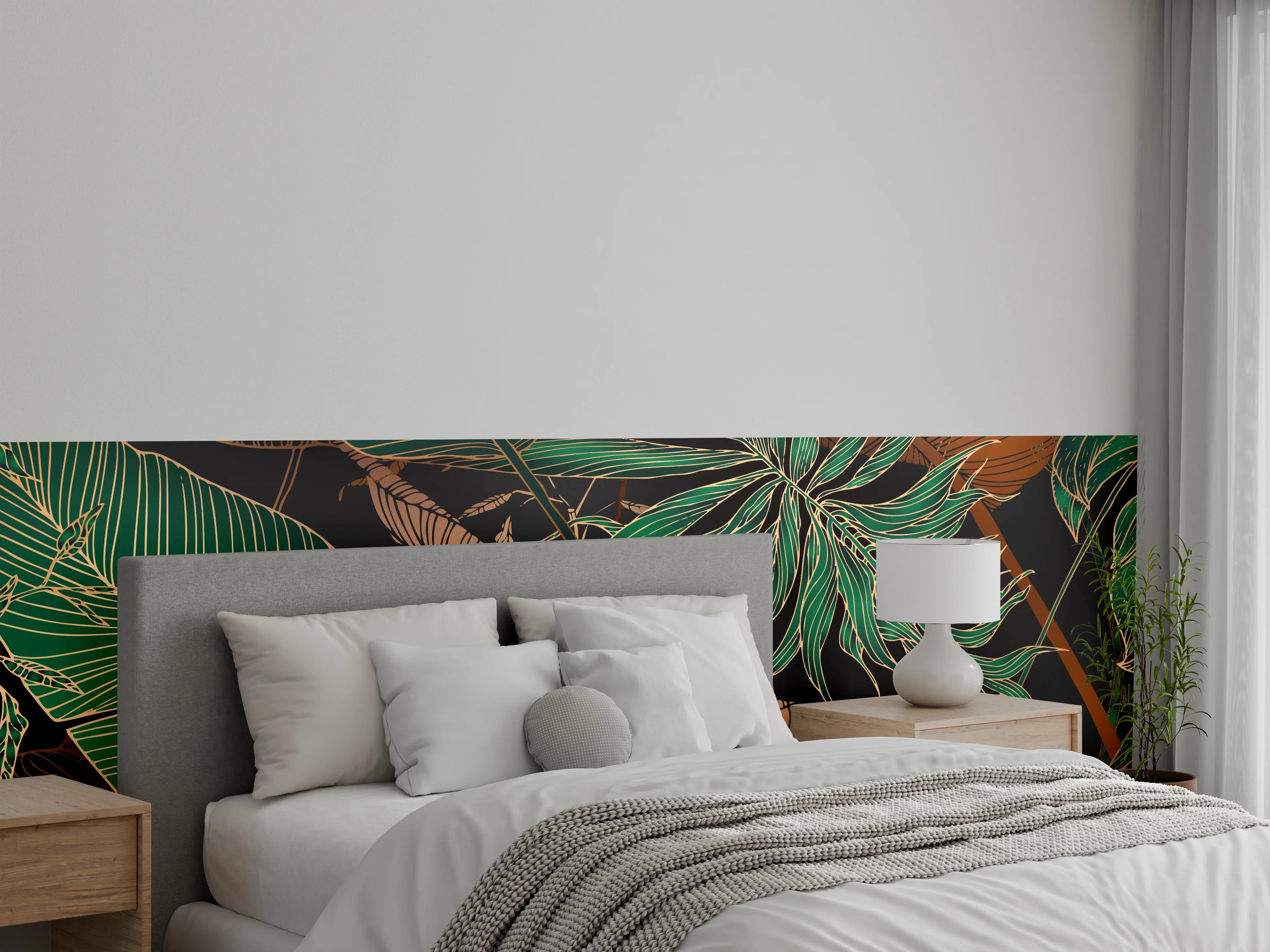Wandverkleidung Schlafzimmer - Exotisches Blattmuster Dunkel