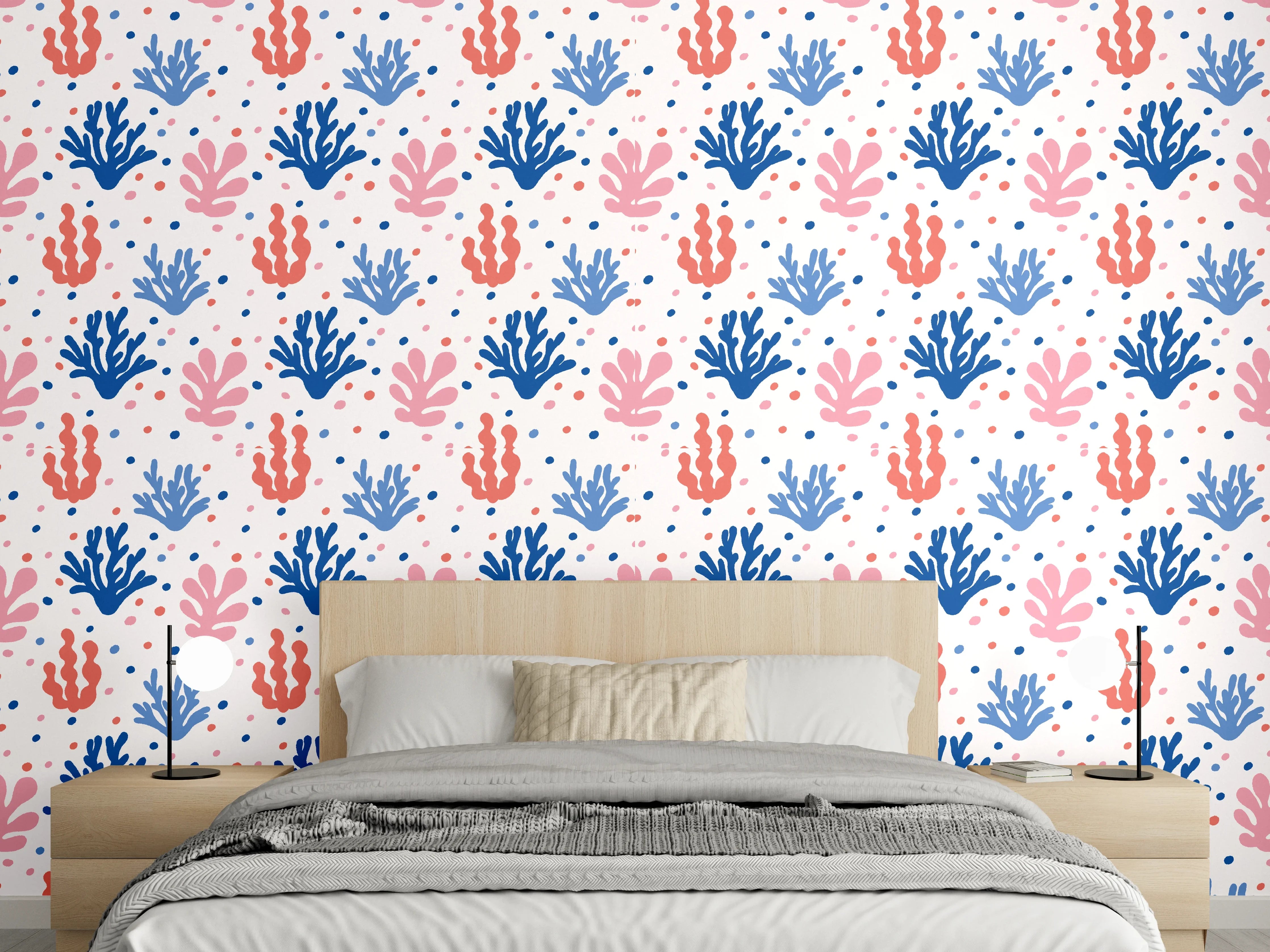 Wandverkleidung Schlafzimmer - Exotisches Korallen-Design in Blau und Rosa