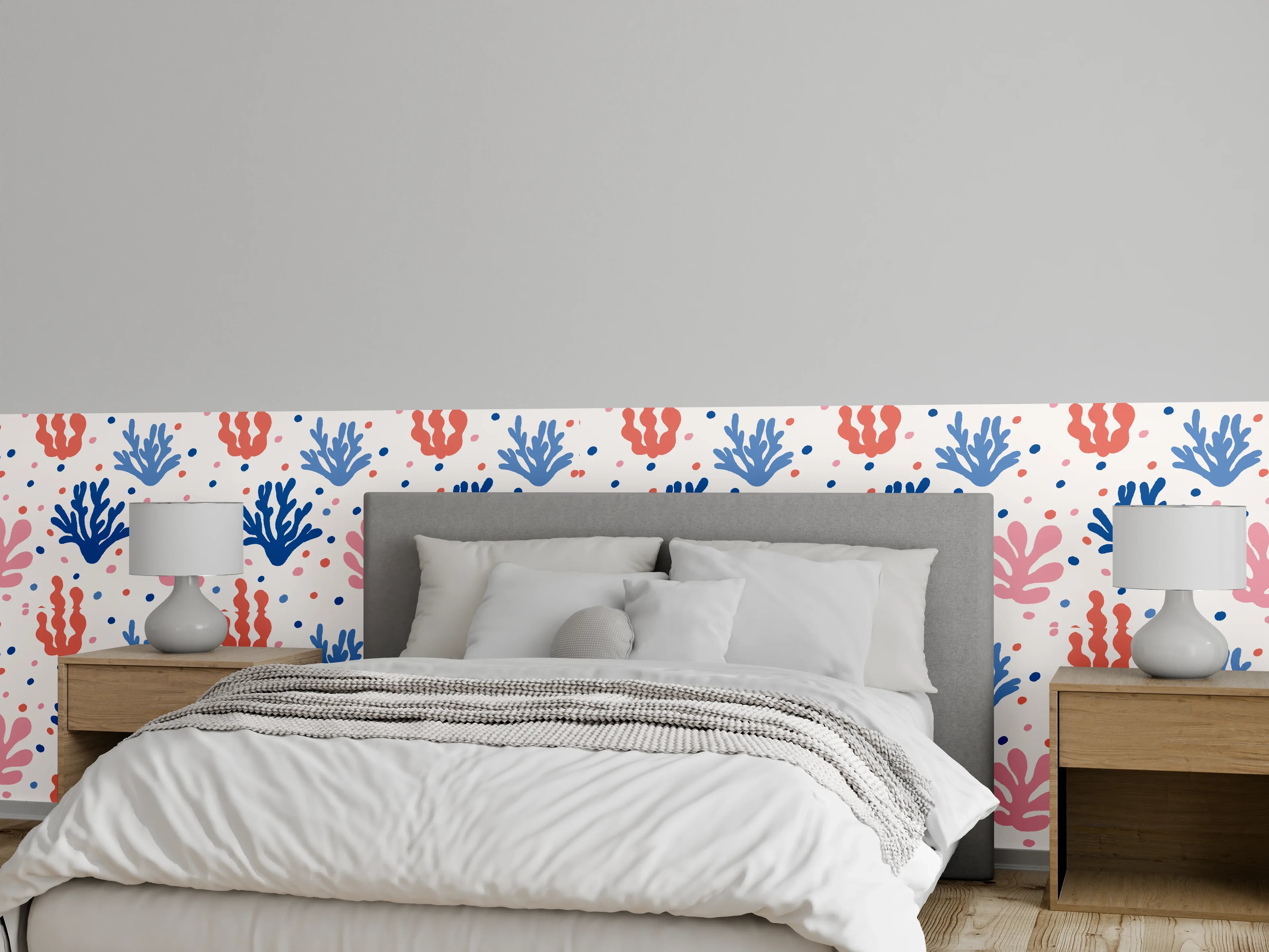 Wandverkleidung Schlafzimmer - Exotisches Korallen-Design in Blau und Rosa