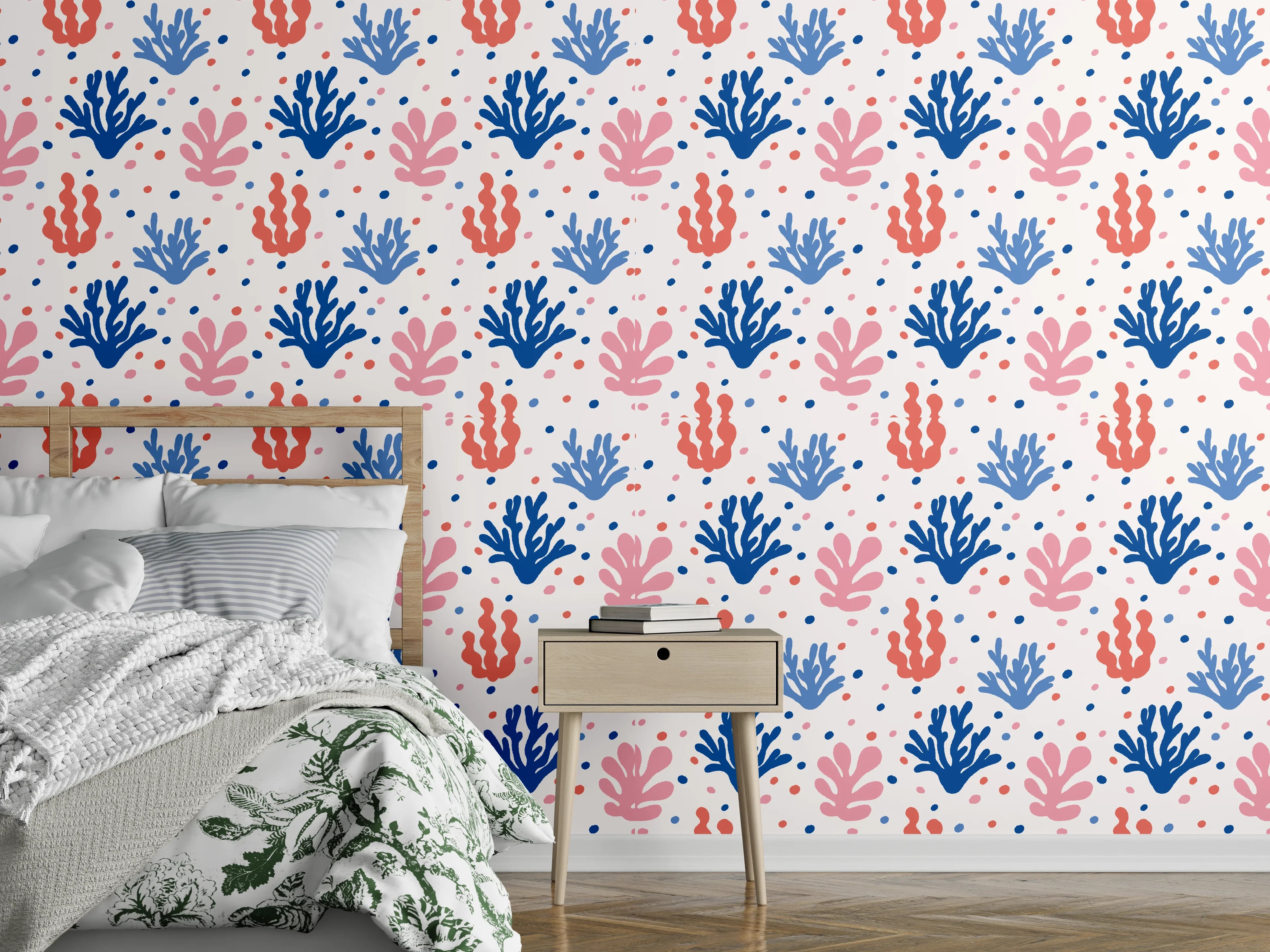Wandverkleidung Schlafzimmer - Exotisches Korallen-Design in Blau und Rosa