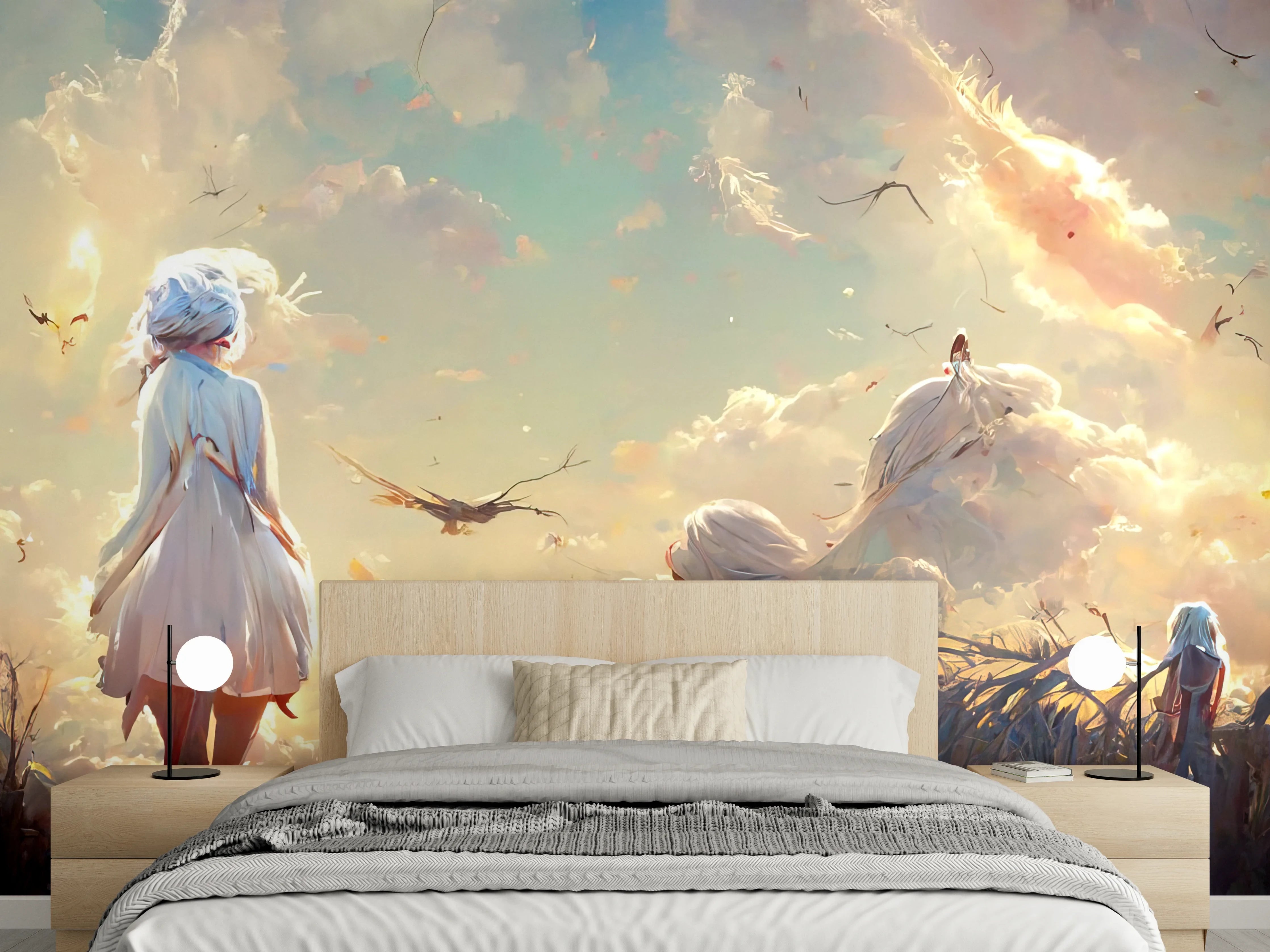 Wandverkleidung Schlafzimmer - Fantastische Himmelslandschaft mit Mädchen