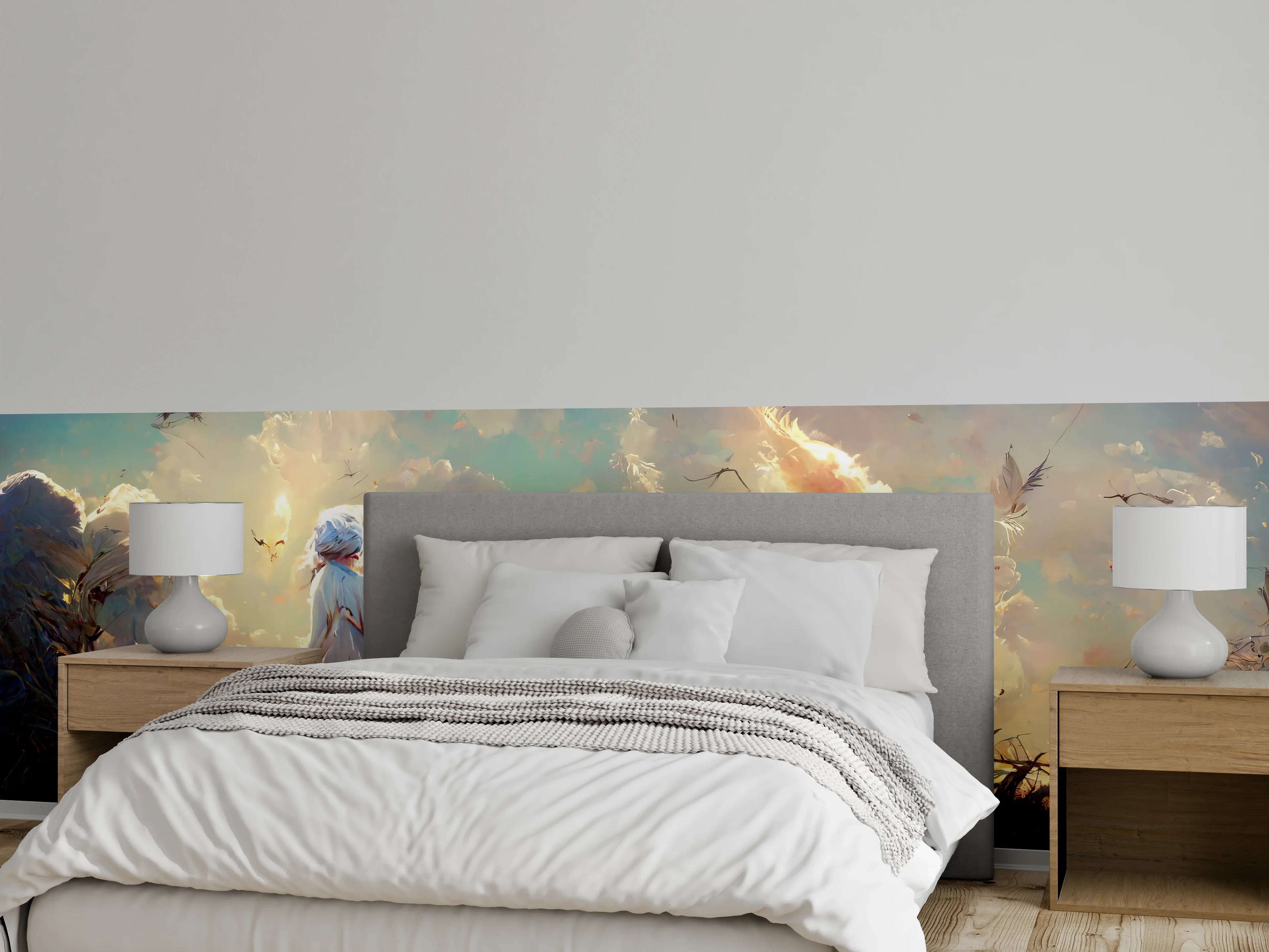 Wandverkleidung Schlafzimmer - Fantastische Himmelslandschaft mit Mädchen