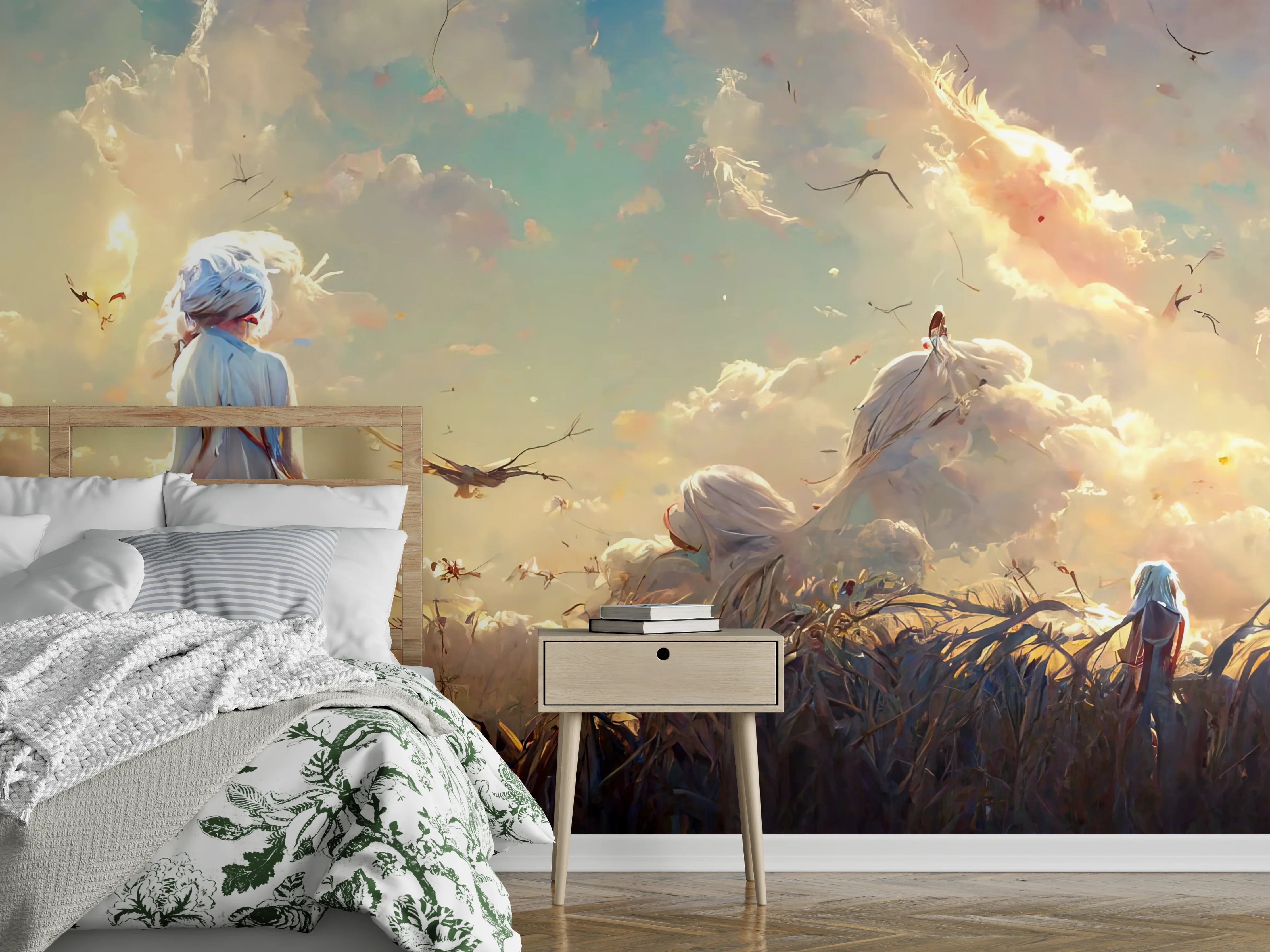 Wandverkleidung Schlafzimmer - Fantastische Himmelslandschaft mit Mädchen