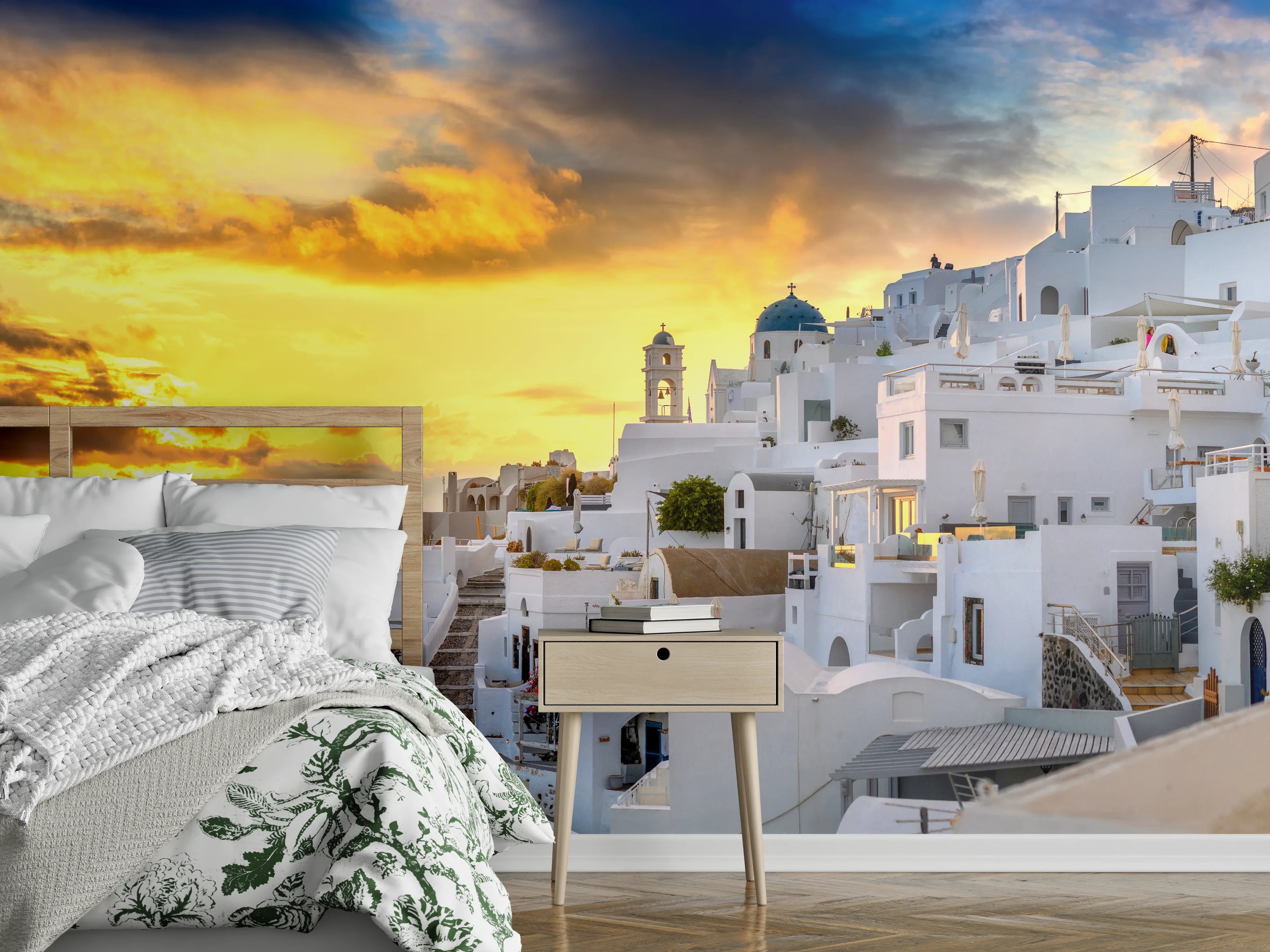 Wandverkleidung Schlafzimmer - Fantastischer Sonnenuntergang in Santorini - Griechenland