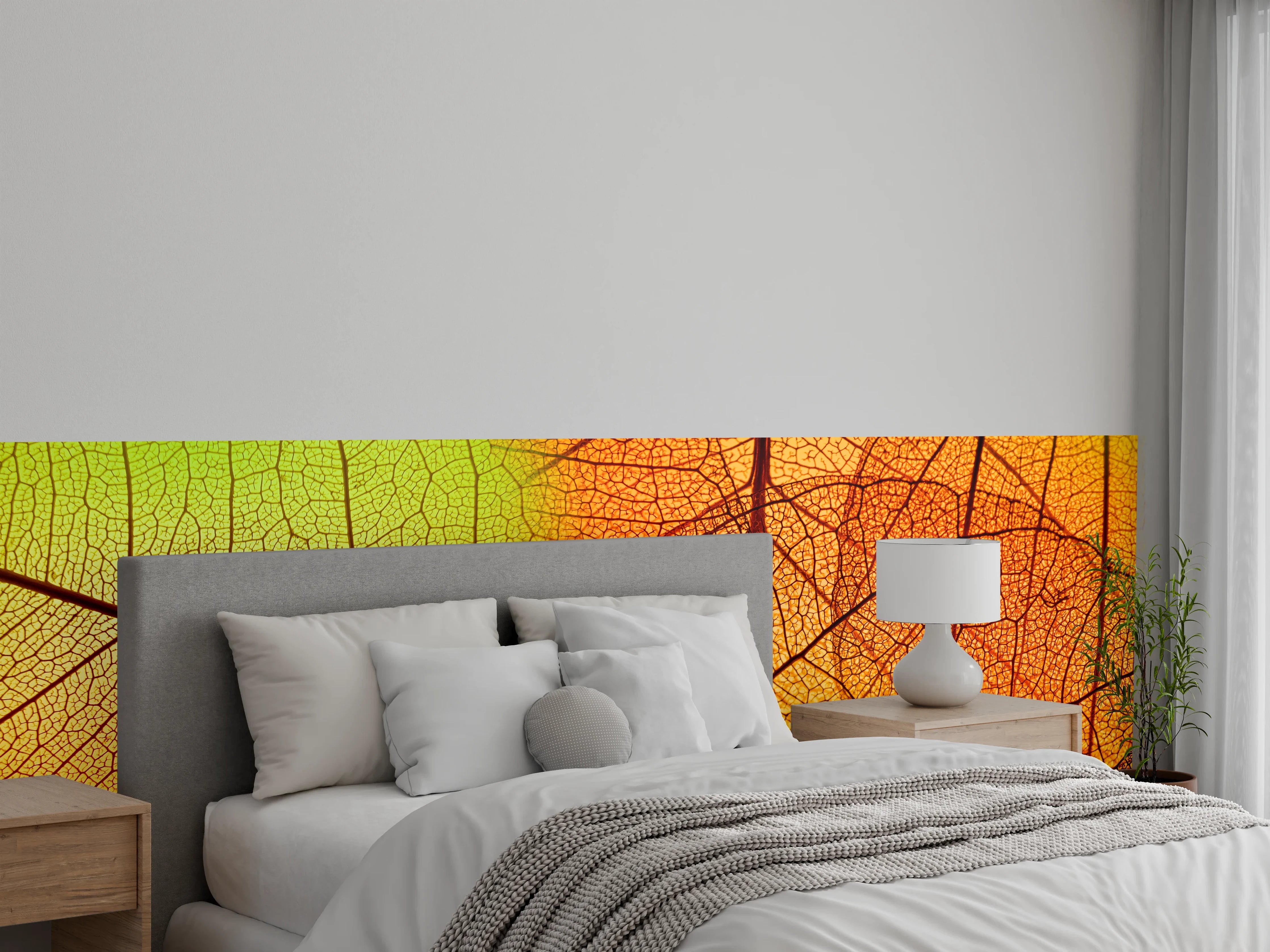 Wandverkleidung Schlafzimmer - Farbenfrohe Blätterstruktur als Wanddeko