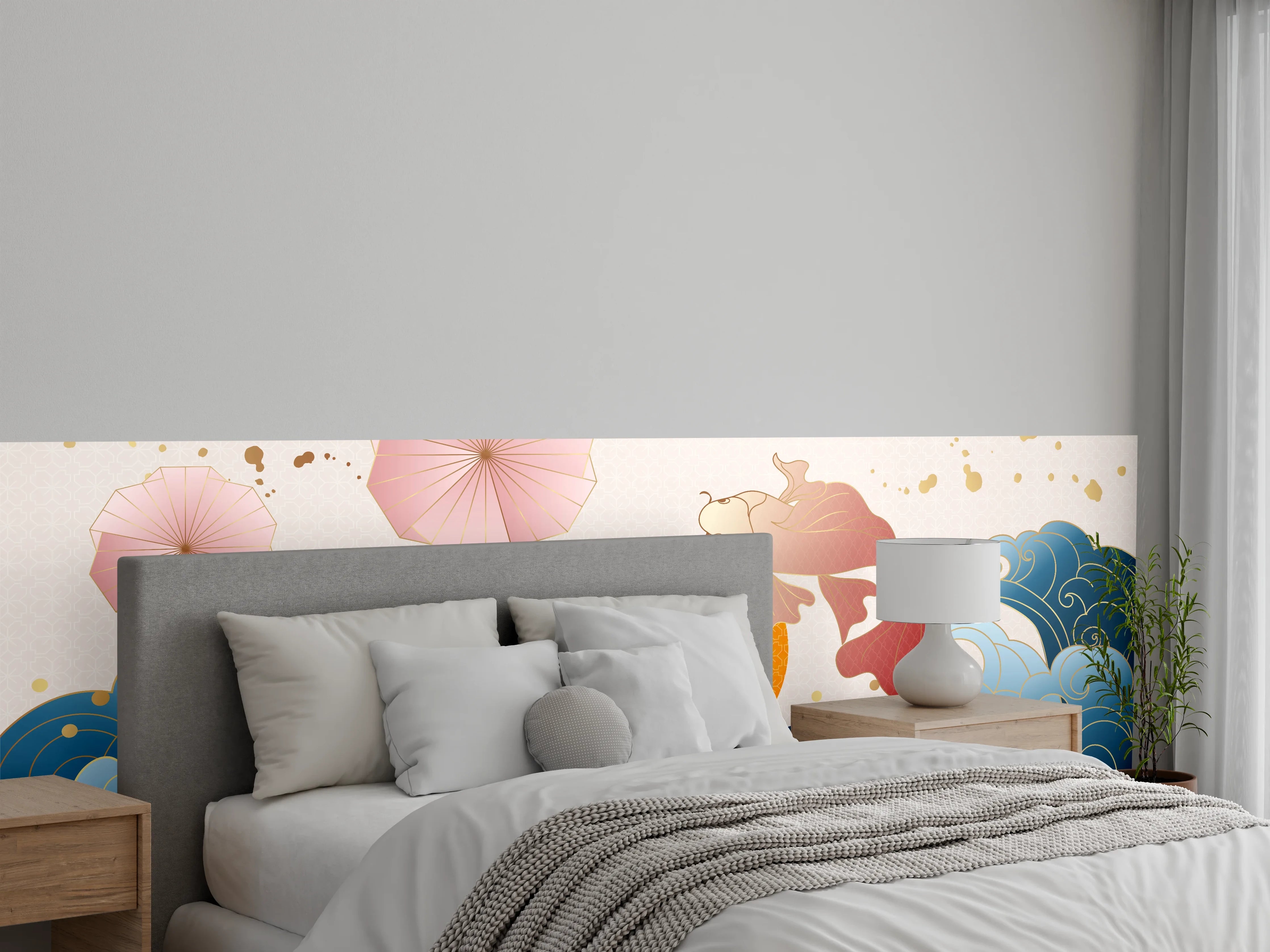 Wandverkleidung Schlafzimmer - Farbenfrohe Koi-Illustration