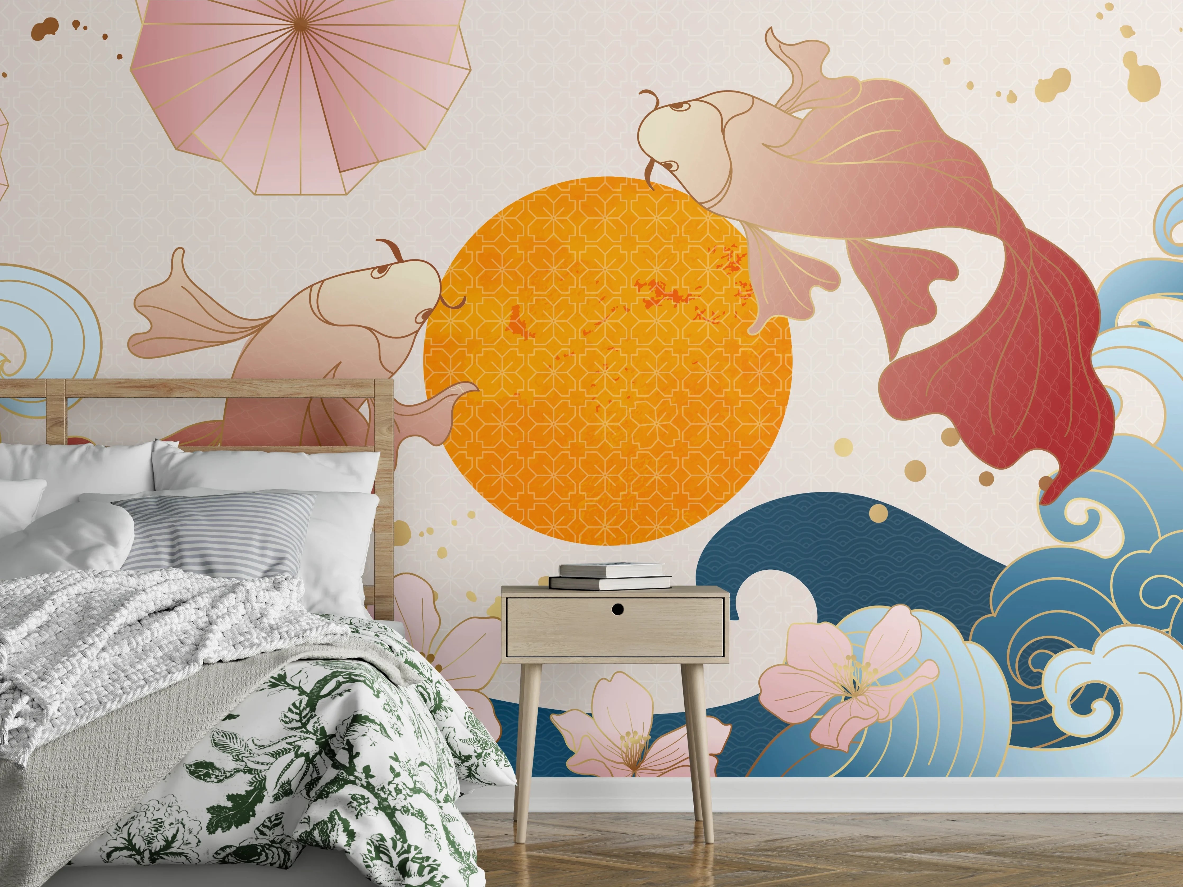 Wandverkleidung Schlafzimmer - Farbenfrohe Koi-Illustration