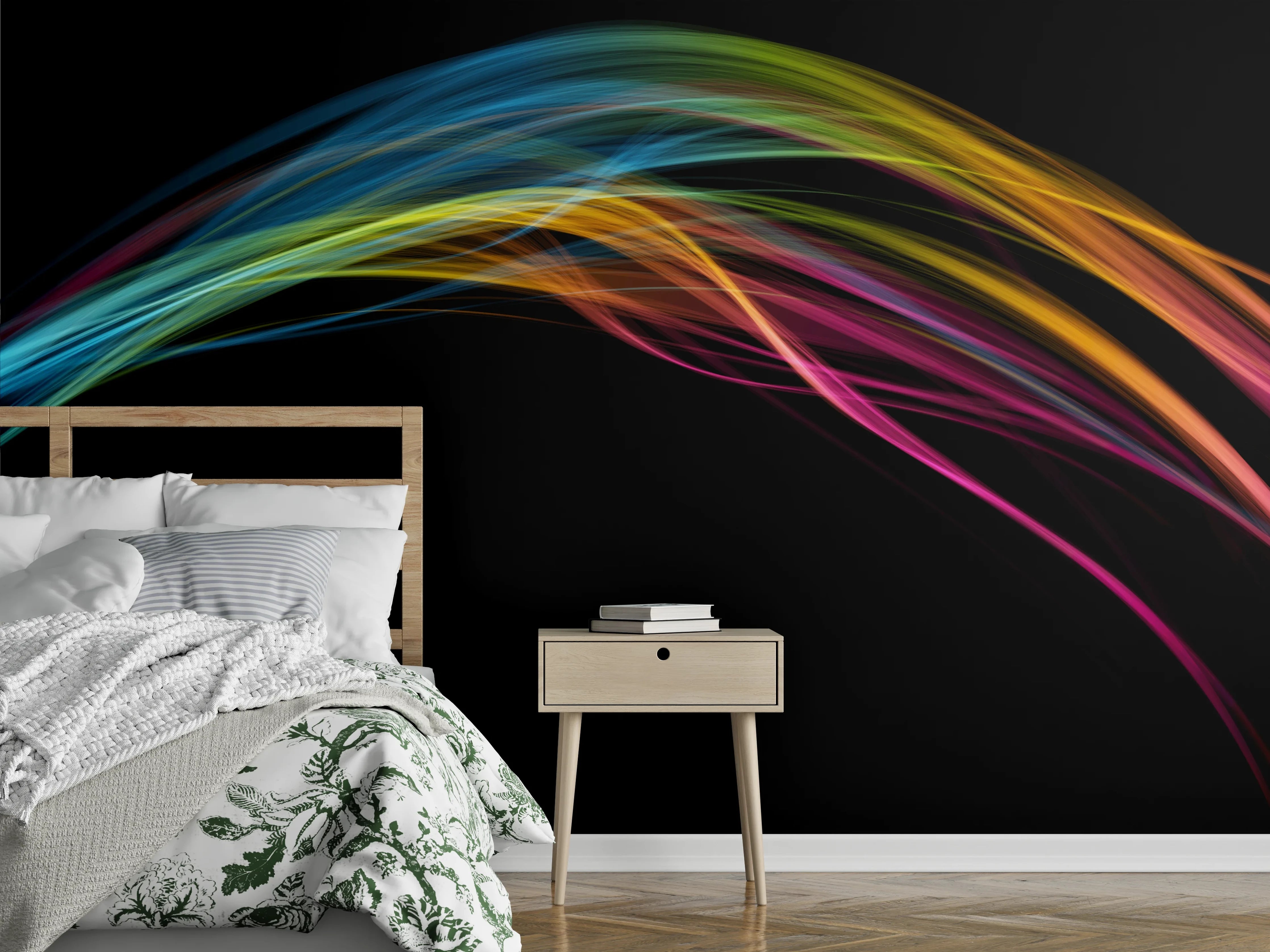 Wandverkleidung Schlafzimmer - Farbenfrohe Lichtwellen auf Schwarz
