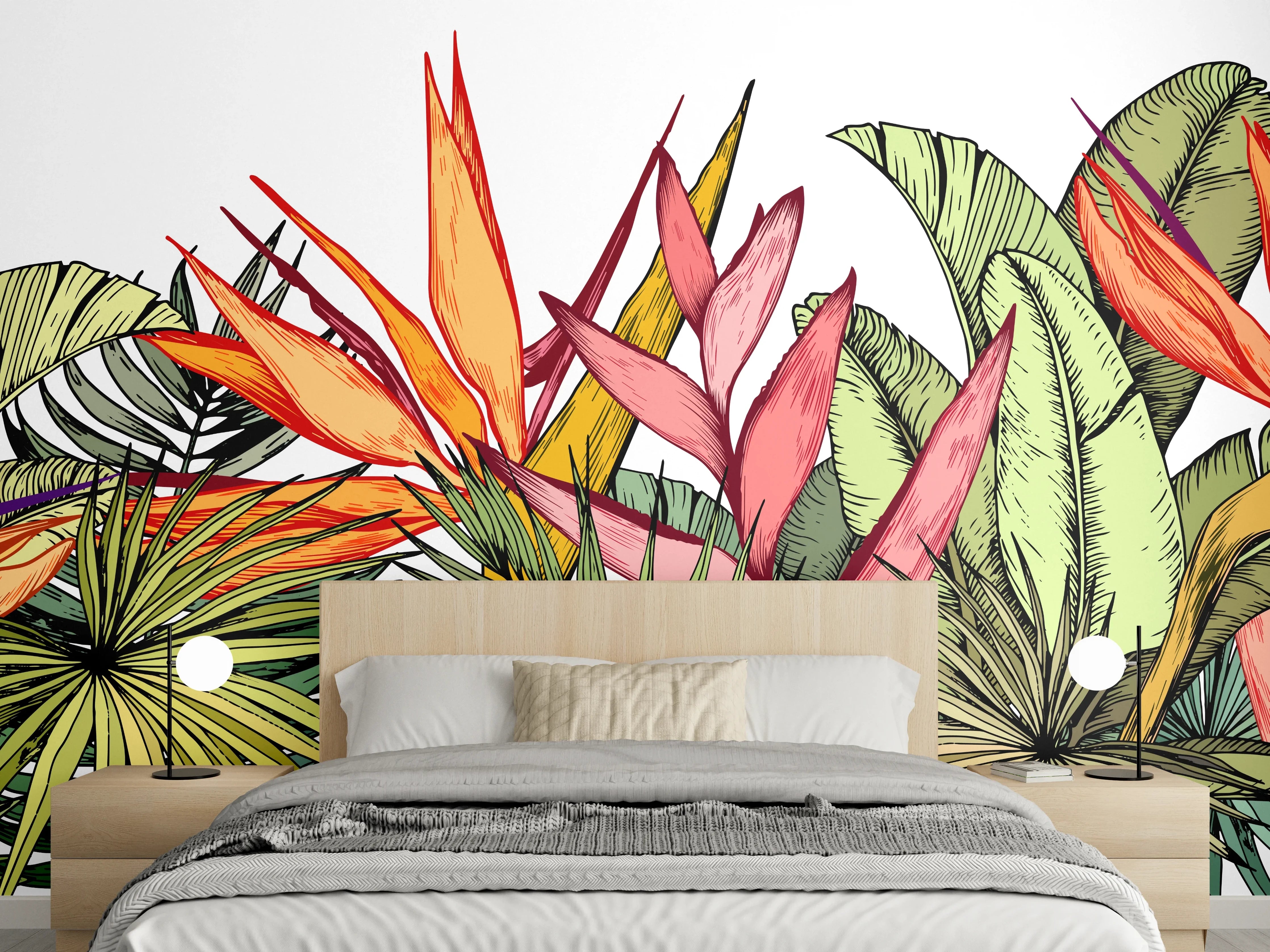 Wandverkleidung Schlafzimmer - Farbenfroher Pflanzen-Print