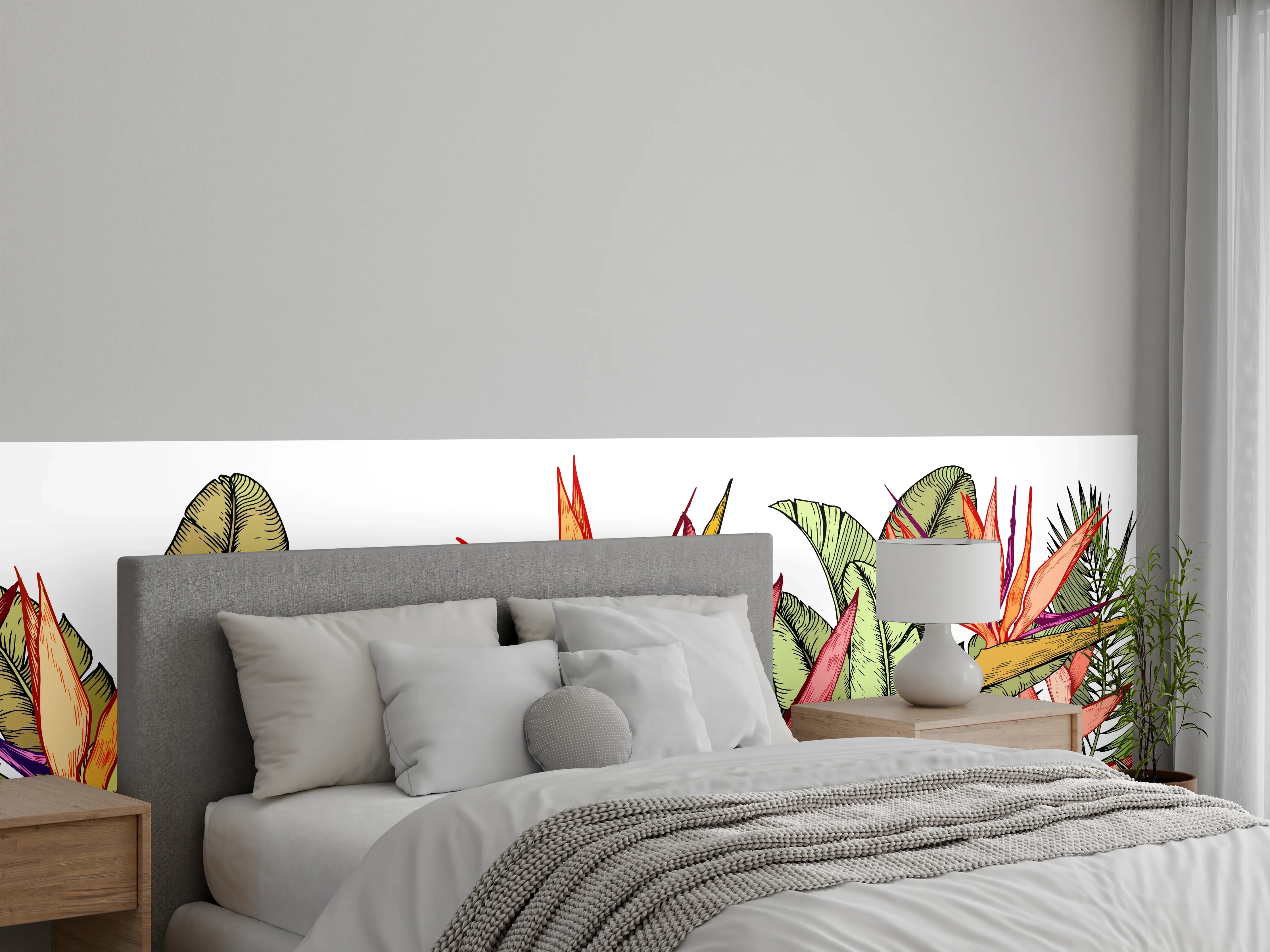 Wandverkleidung Schlafzimmer - Farbenfroher Pflanzen-Print
